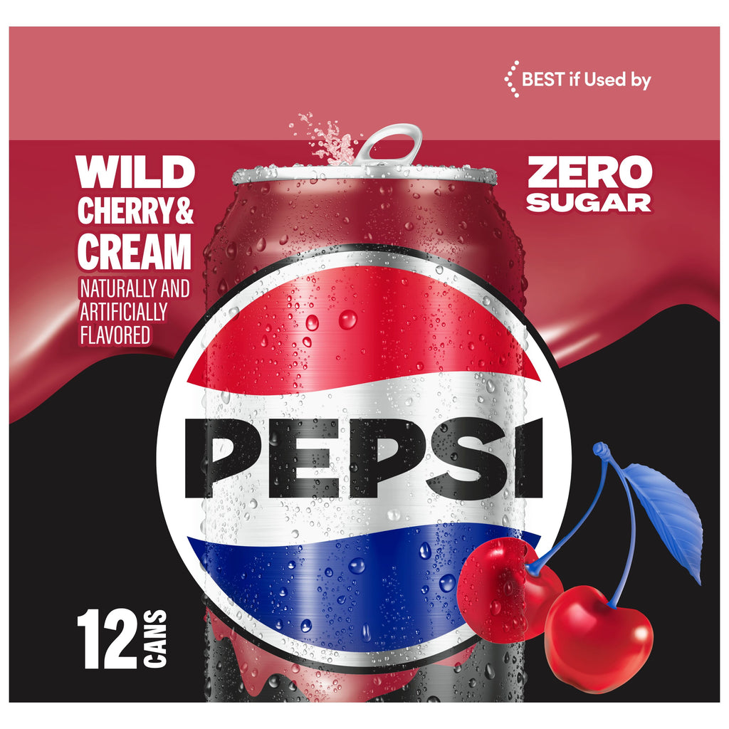 Pepsi Zero Sugar Wild Cherry & Cream Cola Soda Pop Cans 12 Fl Oz 12 Pack