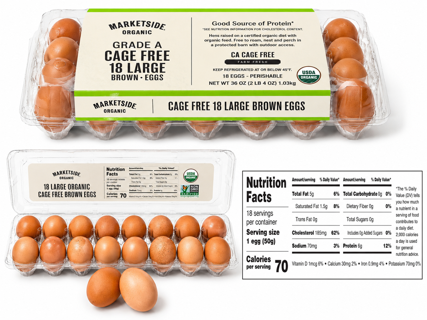 Marketside Organic Cage-Free Large Brown Eggs, Grade A, 18 Count