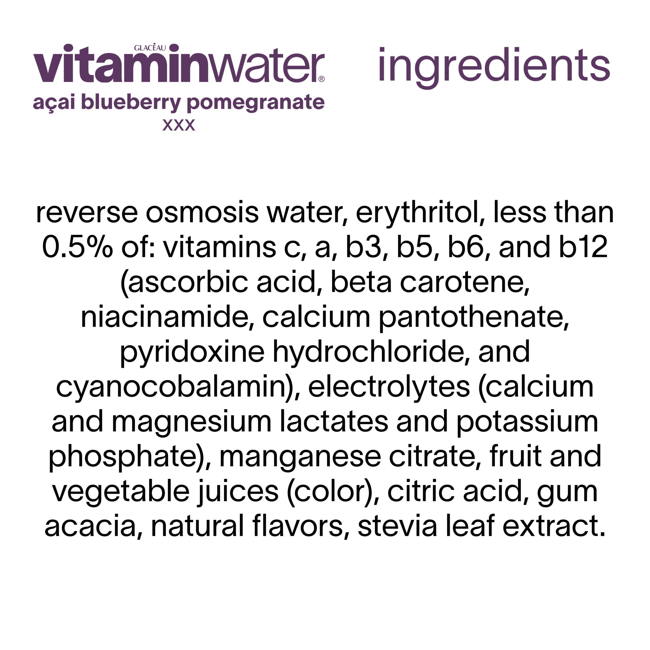 vitaminwater XXX Zero Sugar Acai-Blueberry-Pomegranate Water Beverage 16.9 fl oz Plastic Bottles 6 Pack