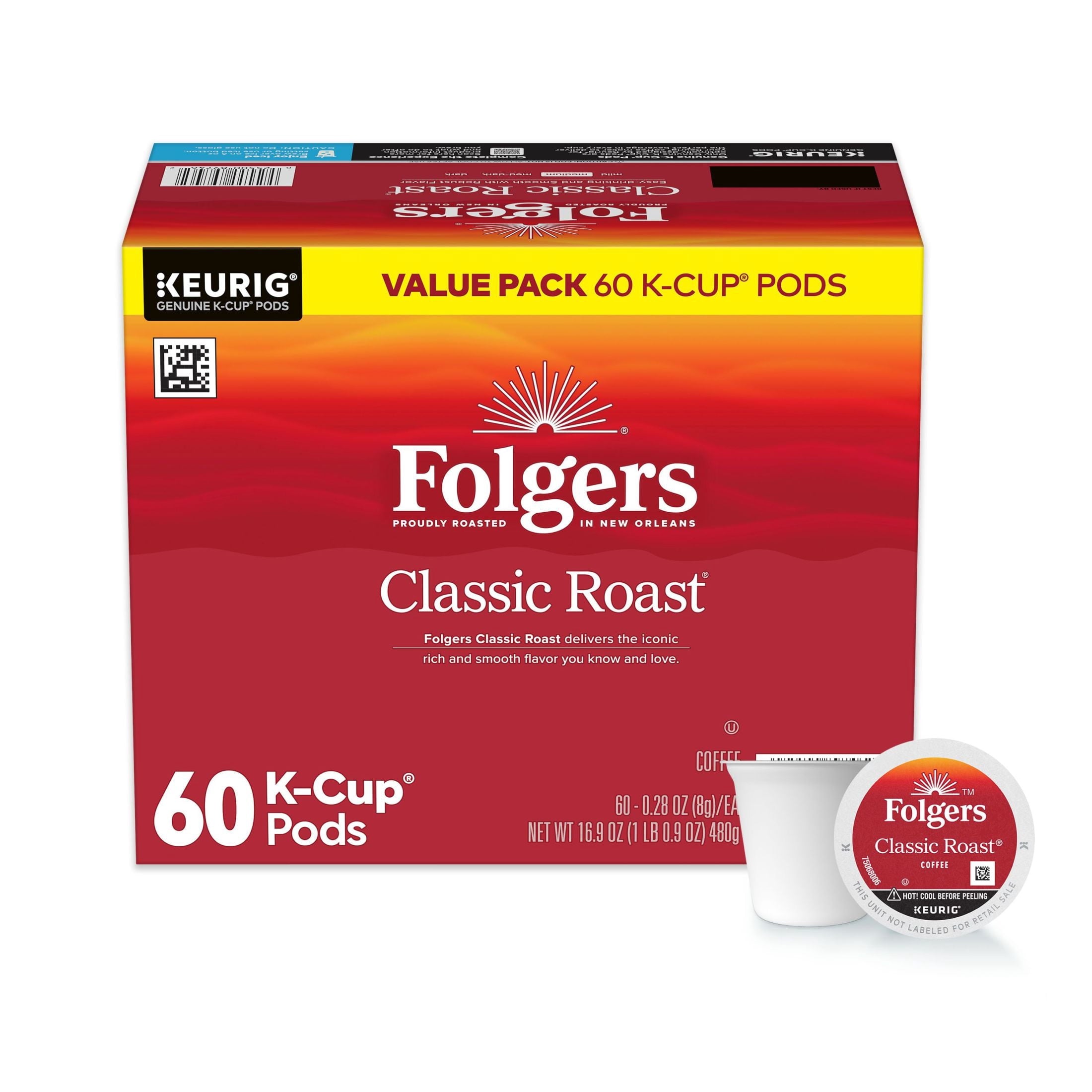 Folgers Classic Roast Medium Roast Coffee Keurig K-Cup Pods 60 Count Box