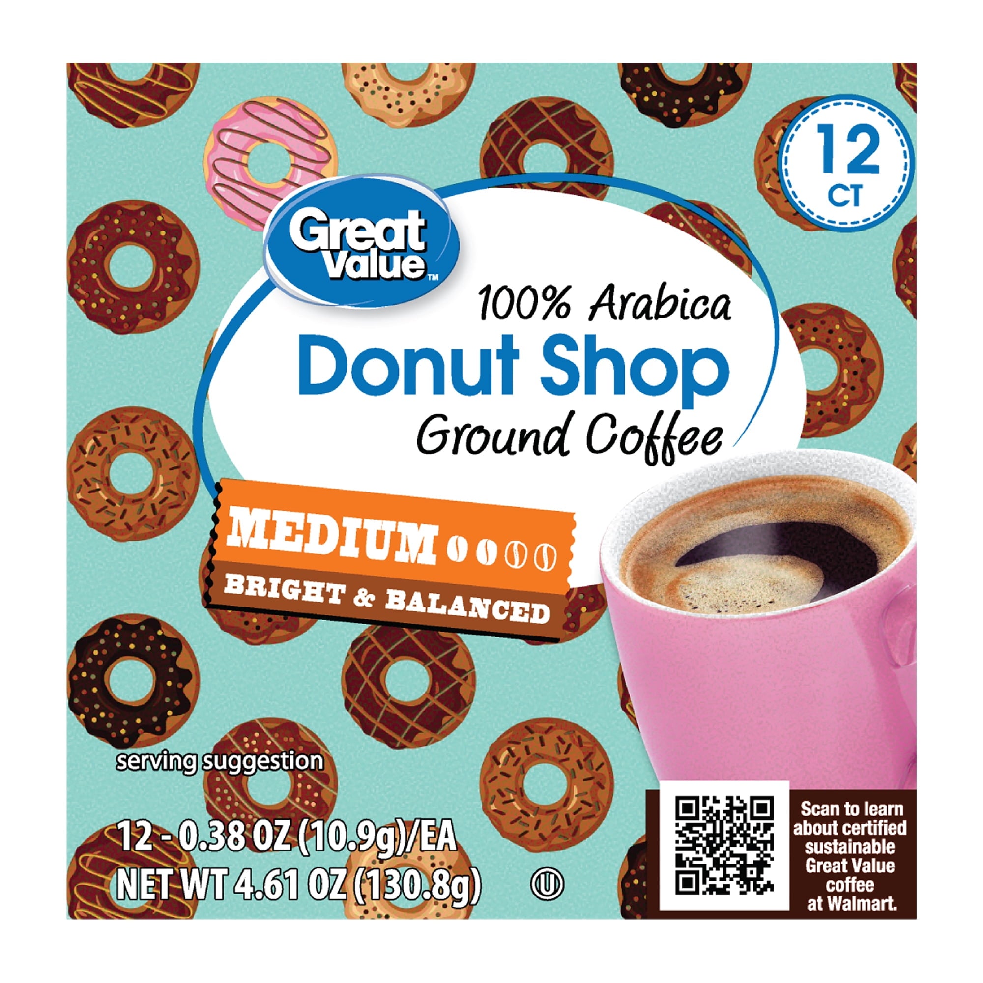 Great Value Donut Shop 100% Arabica Medium Roast Ground Coffee Pods 12 Count