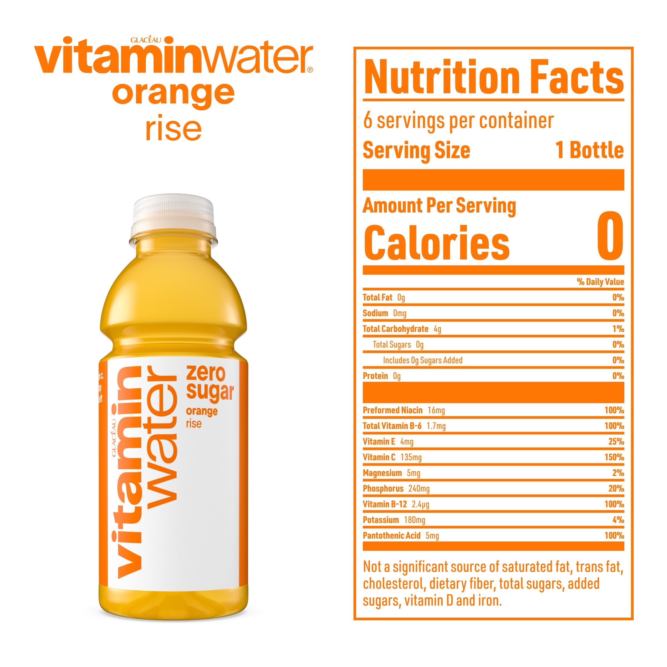 Vitaminwater Zero Sugar Rise Orange Flavored Water 16.9 fl oz 6 Pack