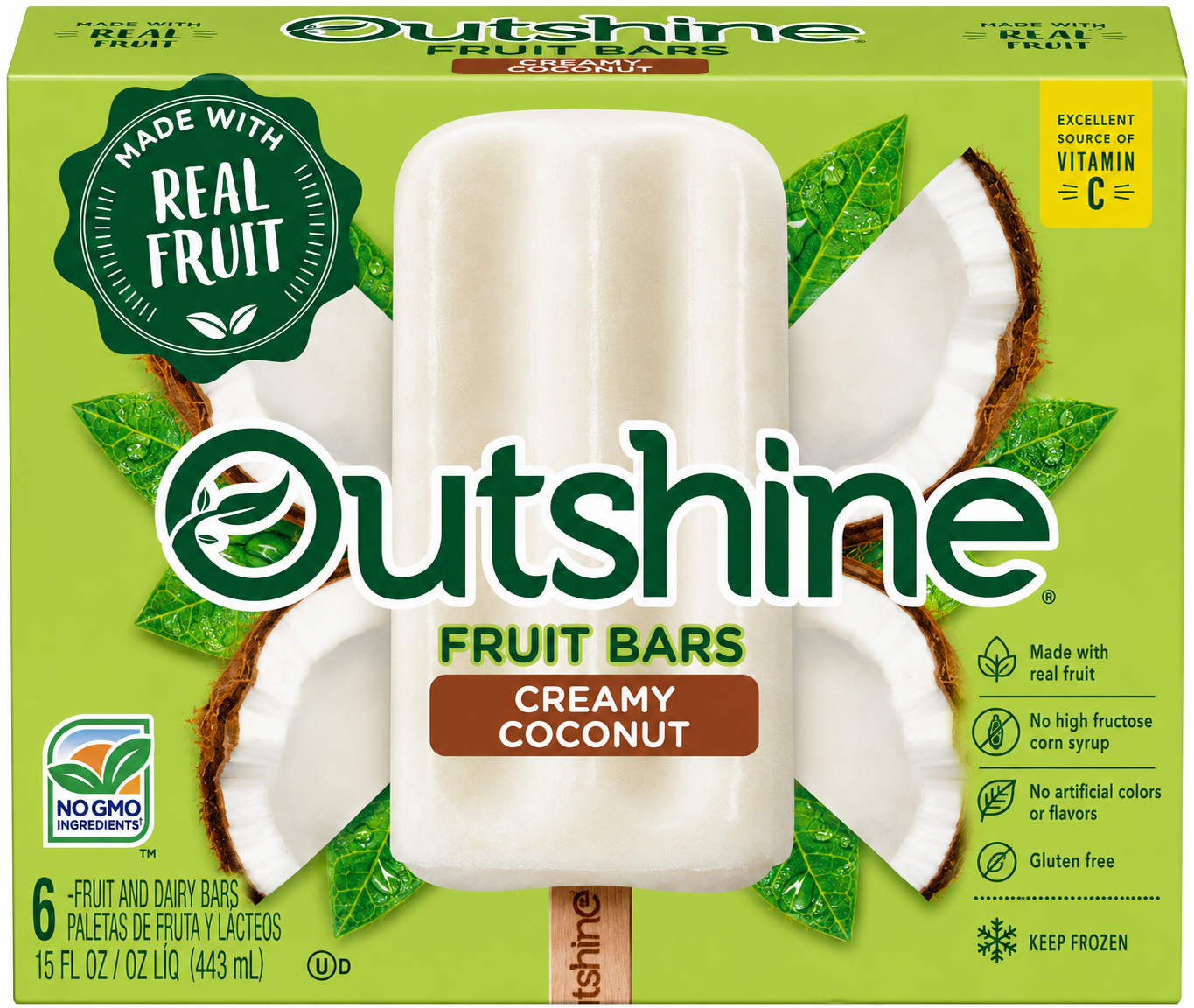 Outshine Creamy Coconut Fruit Bars, Frozen Dairy & Fruit Bars, 6 Count