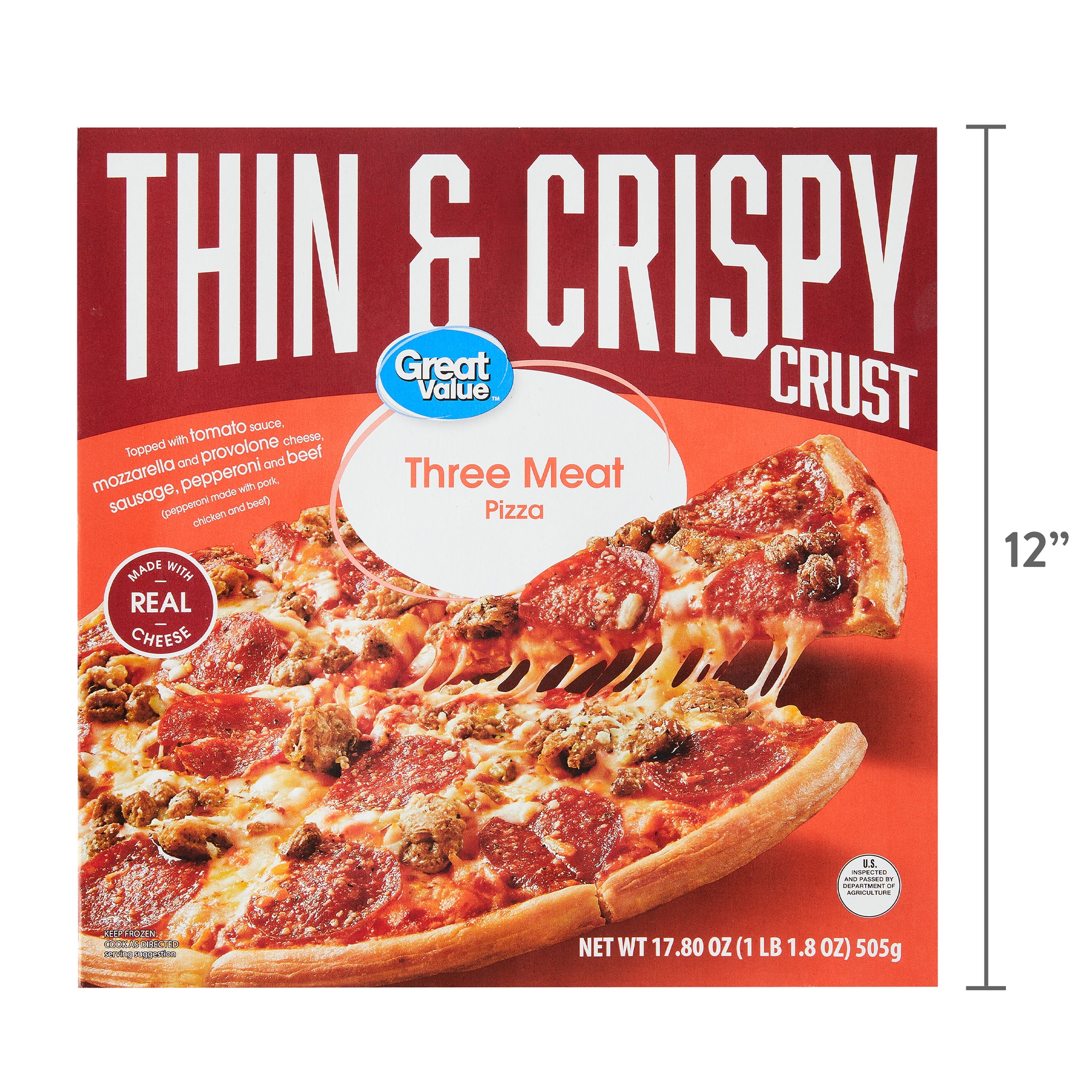 Great Value Thin Crust Three Meat Pizza 17.8 Oz Frozen
