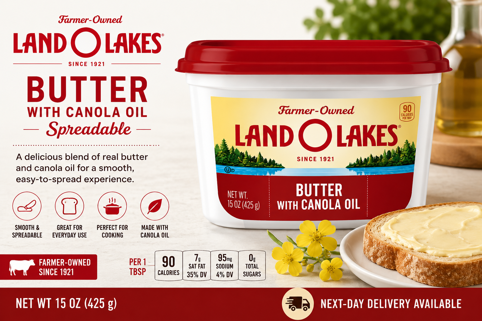 Land O Lakes Butter with Canola Oil, Spreadable, 15 oz