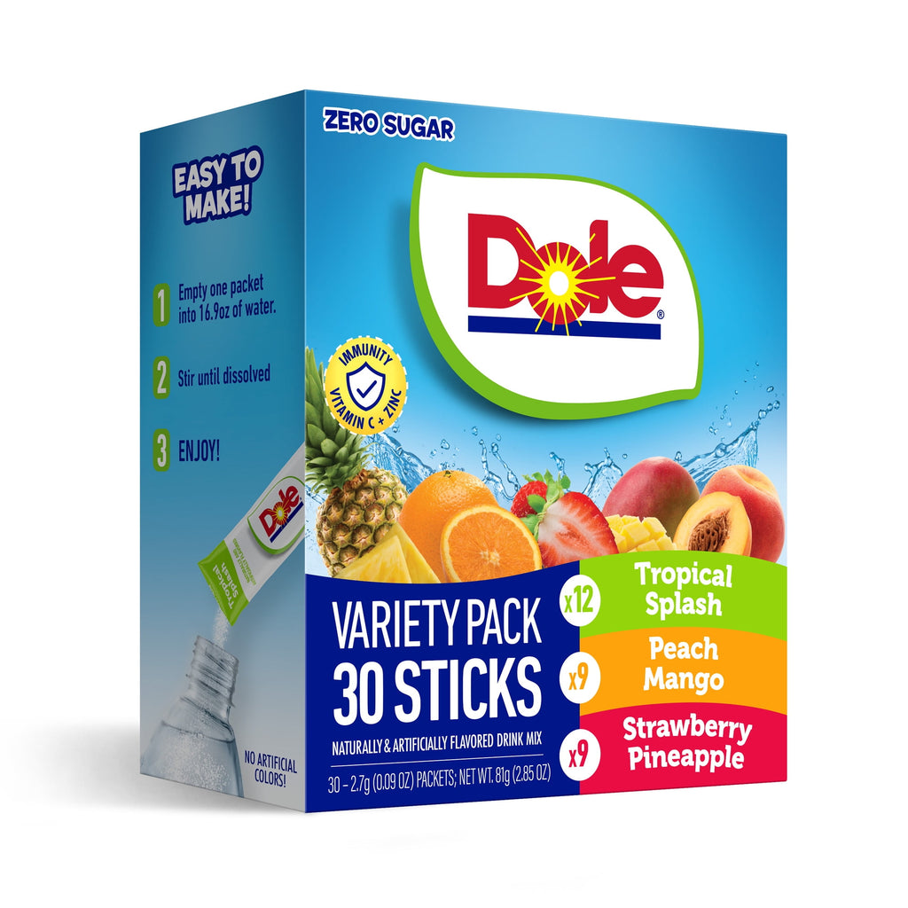 Dole Sugar-Free Drink Mix Variety Pack Tropical Peach Mango & Strawberry Pineapple 30 Count