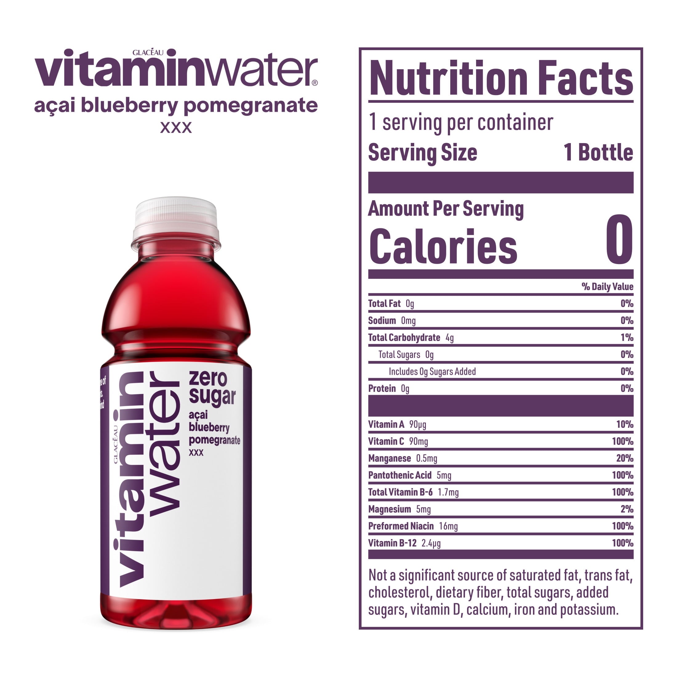 vitaminwater XXX Zero Sugar Acai-Blueberry-Pomegranate Water Beverage 16.9 fl oz Plastic Bottles 6 Pack