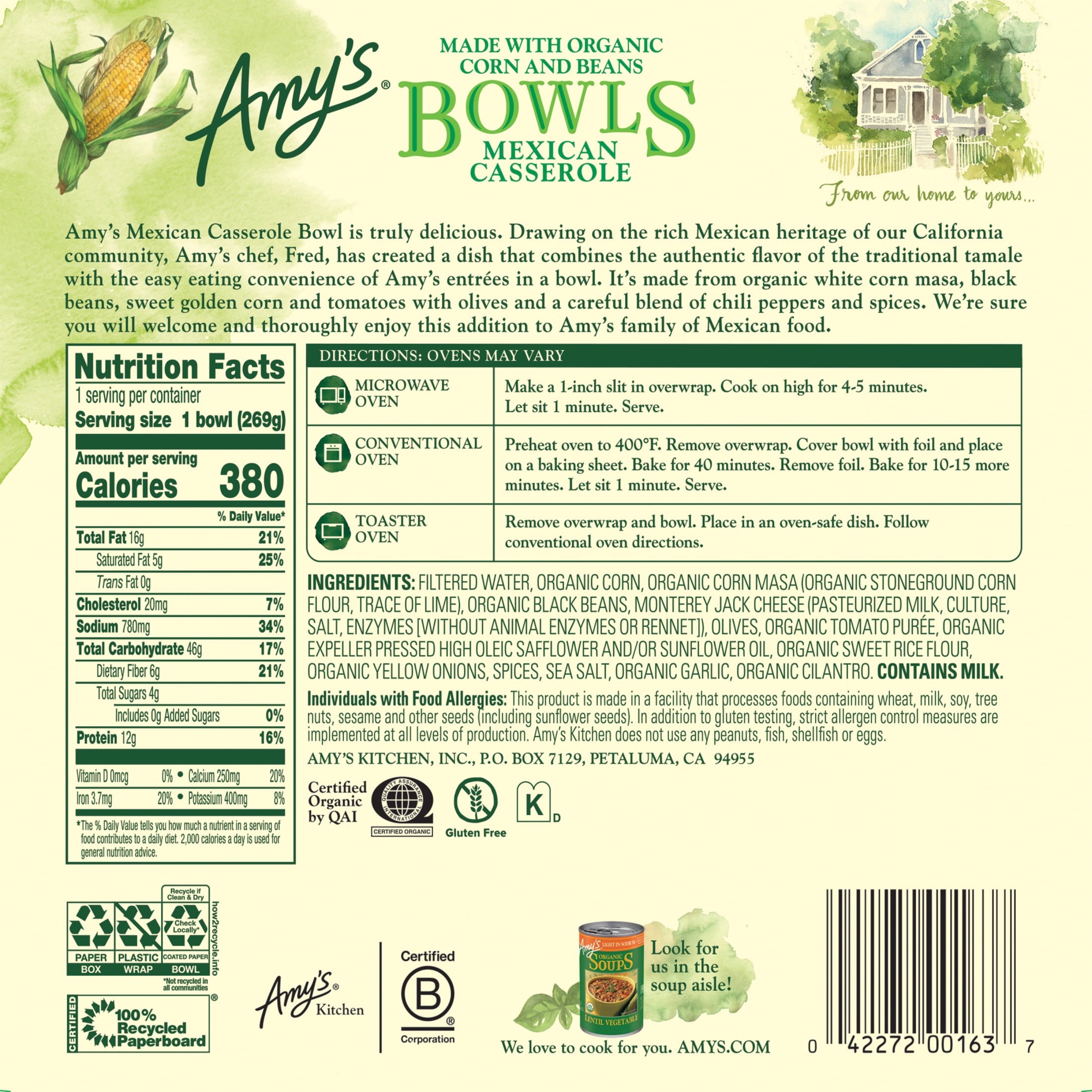 Amy's Kitchen Mexican Casserole Bowl Frozen Meal 9.5 Oz
