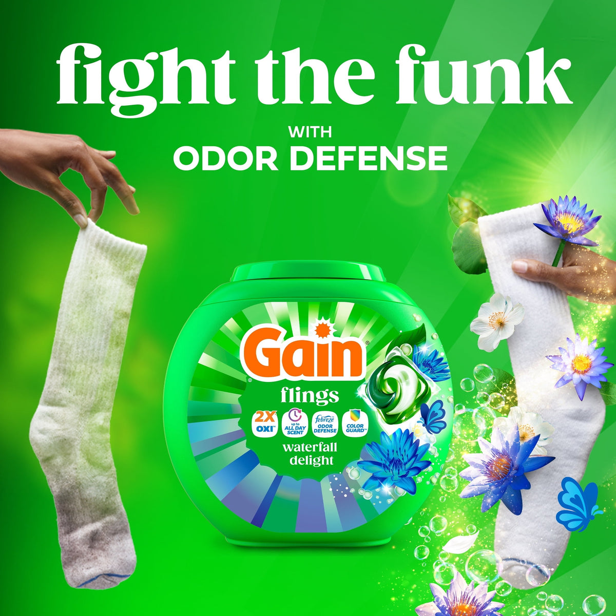 Gain Flings 4-in-1 Oxi Boost Febreze Laundry Detergent Pacs Waterfall Delight 60 Count