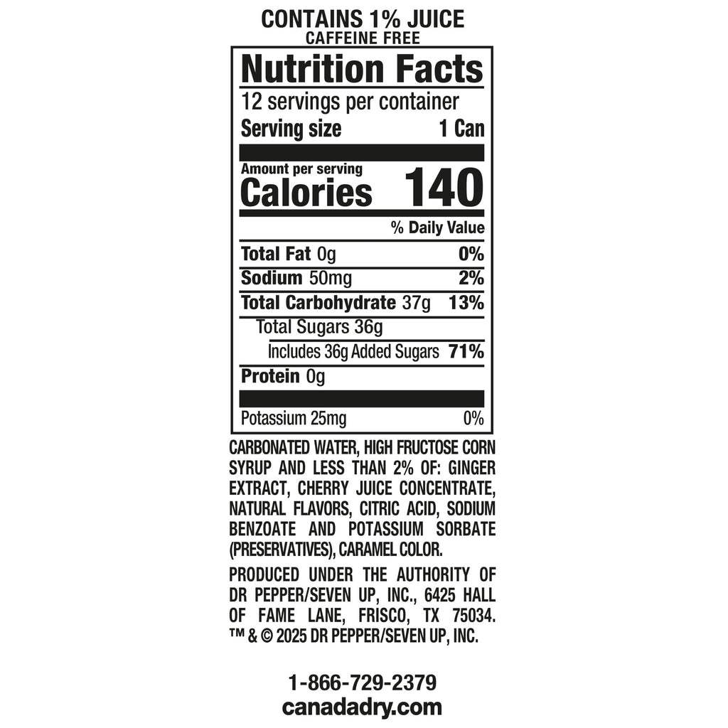 Canada Dry Caffeine Free Fruit Splash Cherry Ginger Ale Soda Pop Cans 12 Fl Oz 12 Pack