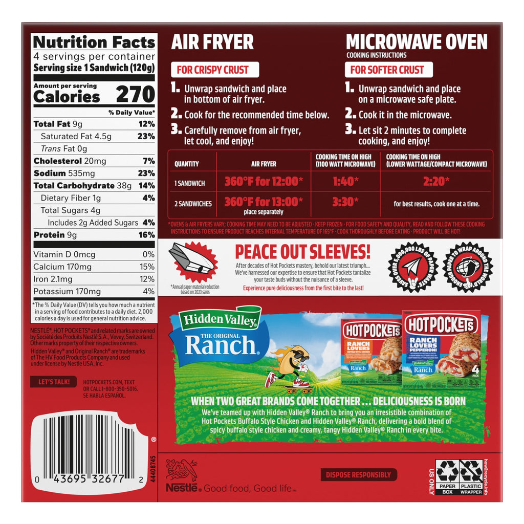 Hot Pockets Ranch Lovers Buffalo Style Chicken Hidden Valley Ranch Frozen Sandwich 4 Count 17 Oz