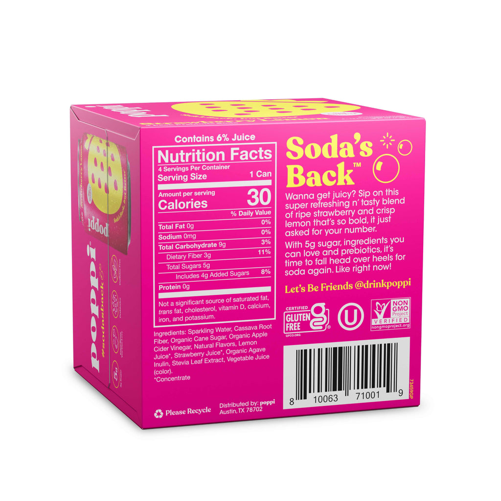 poppi Strawberry Lemon Prebiotic Soda Cans 12 Fl Oz 4 Pack