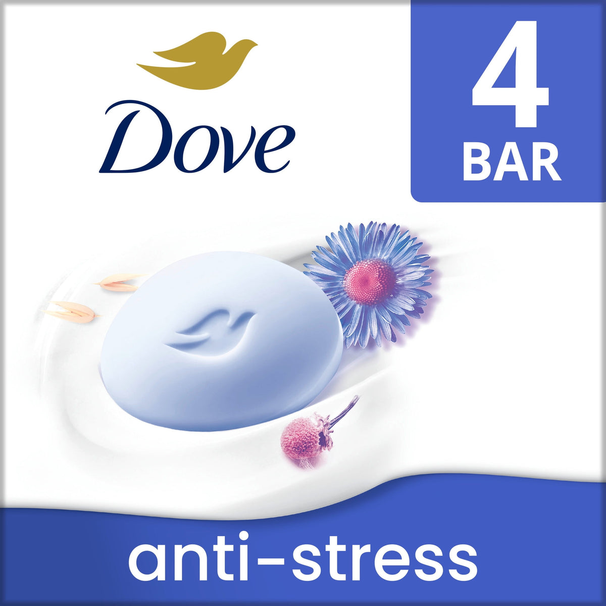Dove Anti-Stress Beauty Bar Soap Blue Chamomile & Oat Milk Moisturizing Cleanser 3.75 oz 4 Bars