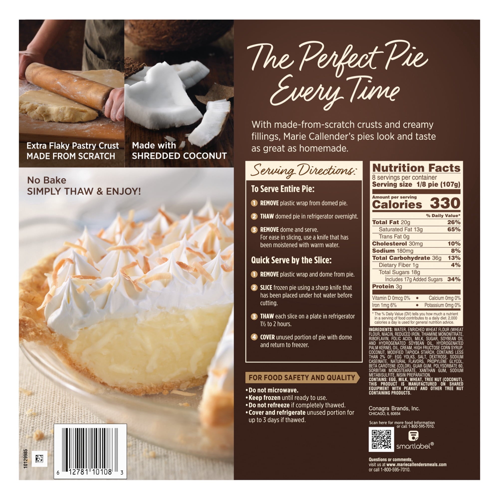 Coconut Cream Pie 30.3 Oz Frozen Dessert Marie Callender's