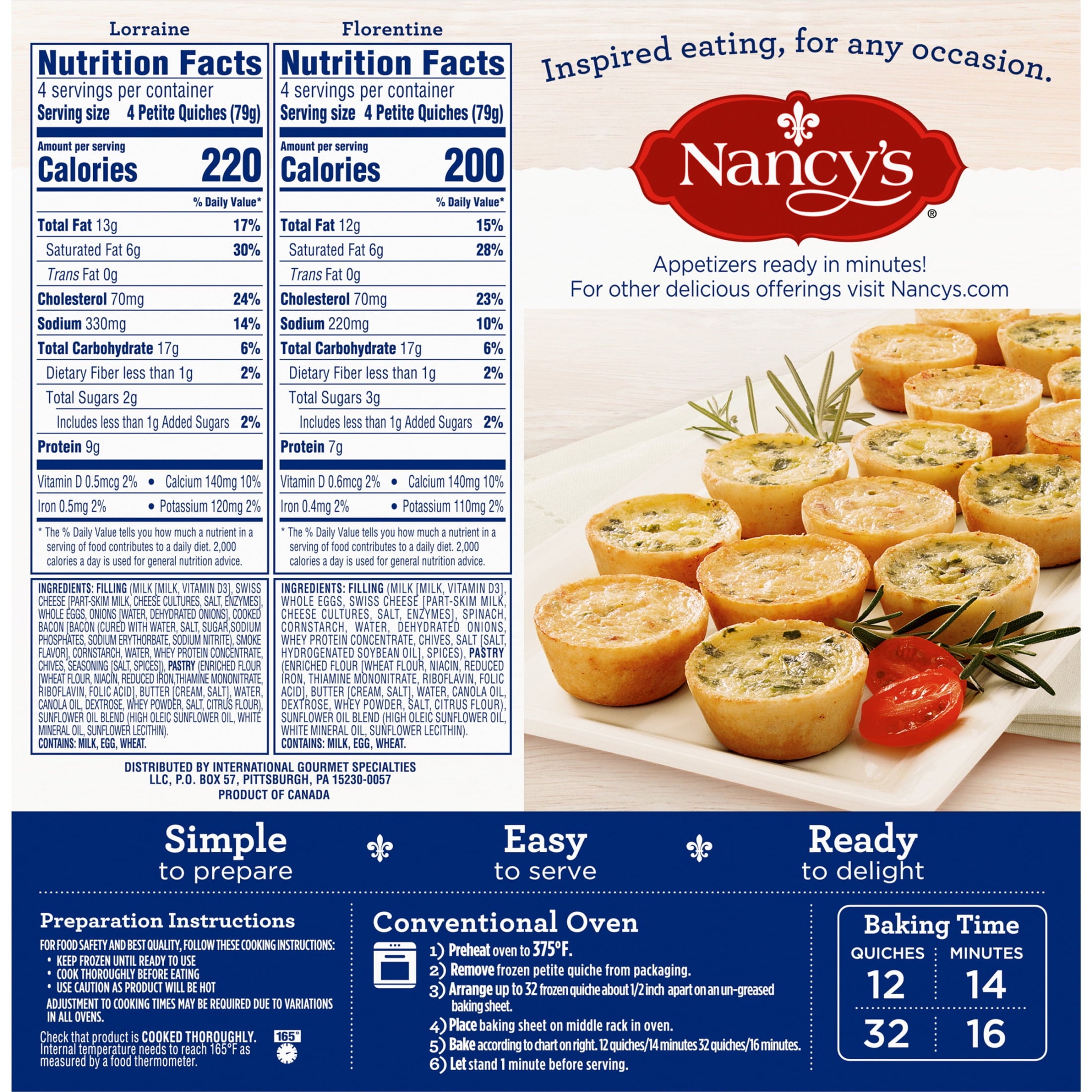 Nancy's Lorraine & Florentine Petite Quiche Frozen Snacks 22.4 Oz 32 Count