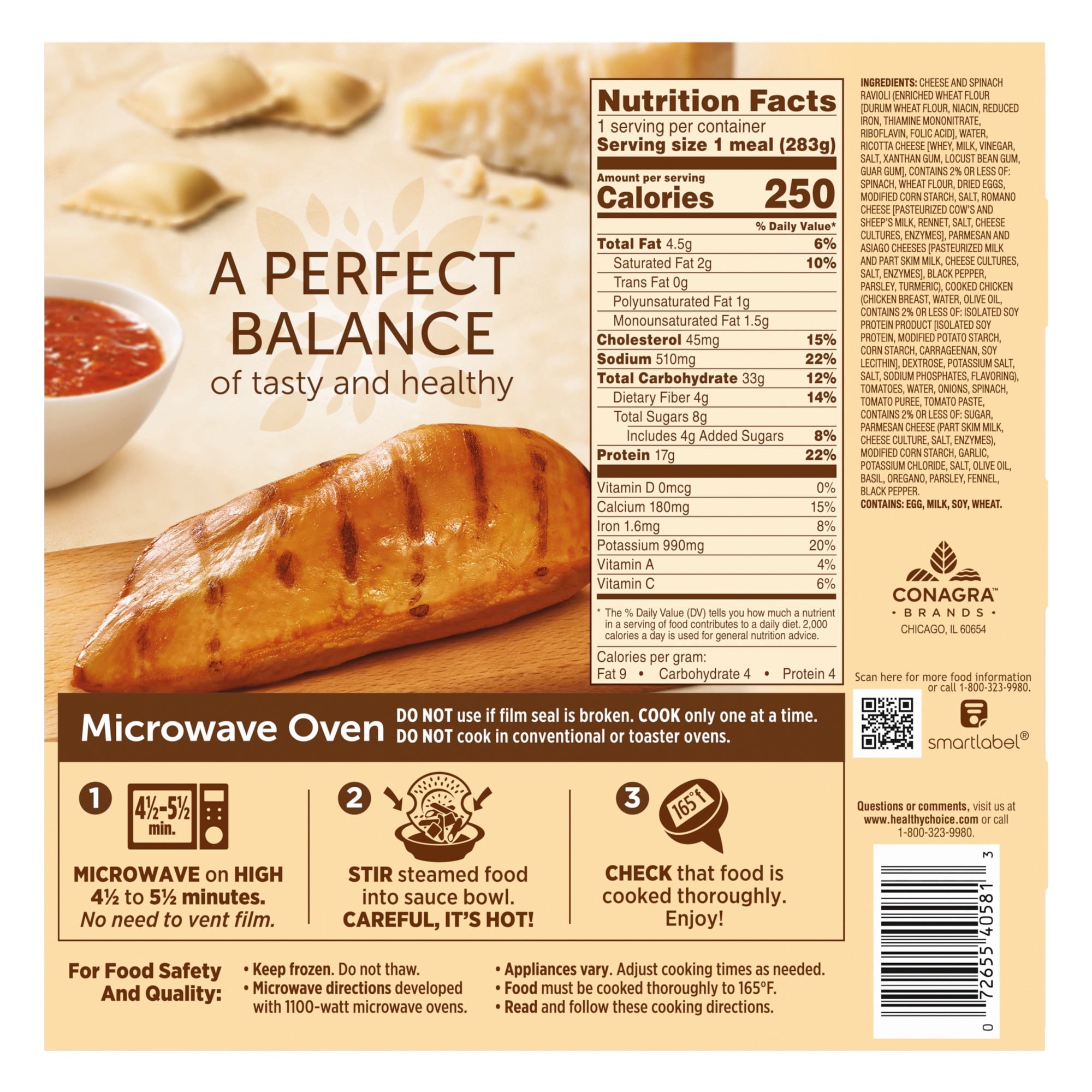 Healthy Choice Cafe Steamers Four-Cheese Ravioli & Chicken Marinara Frozen Meal 10 Oz