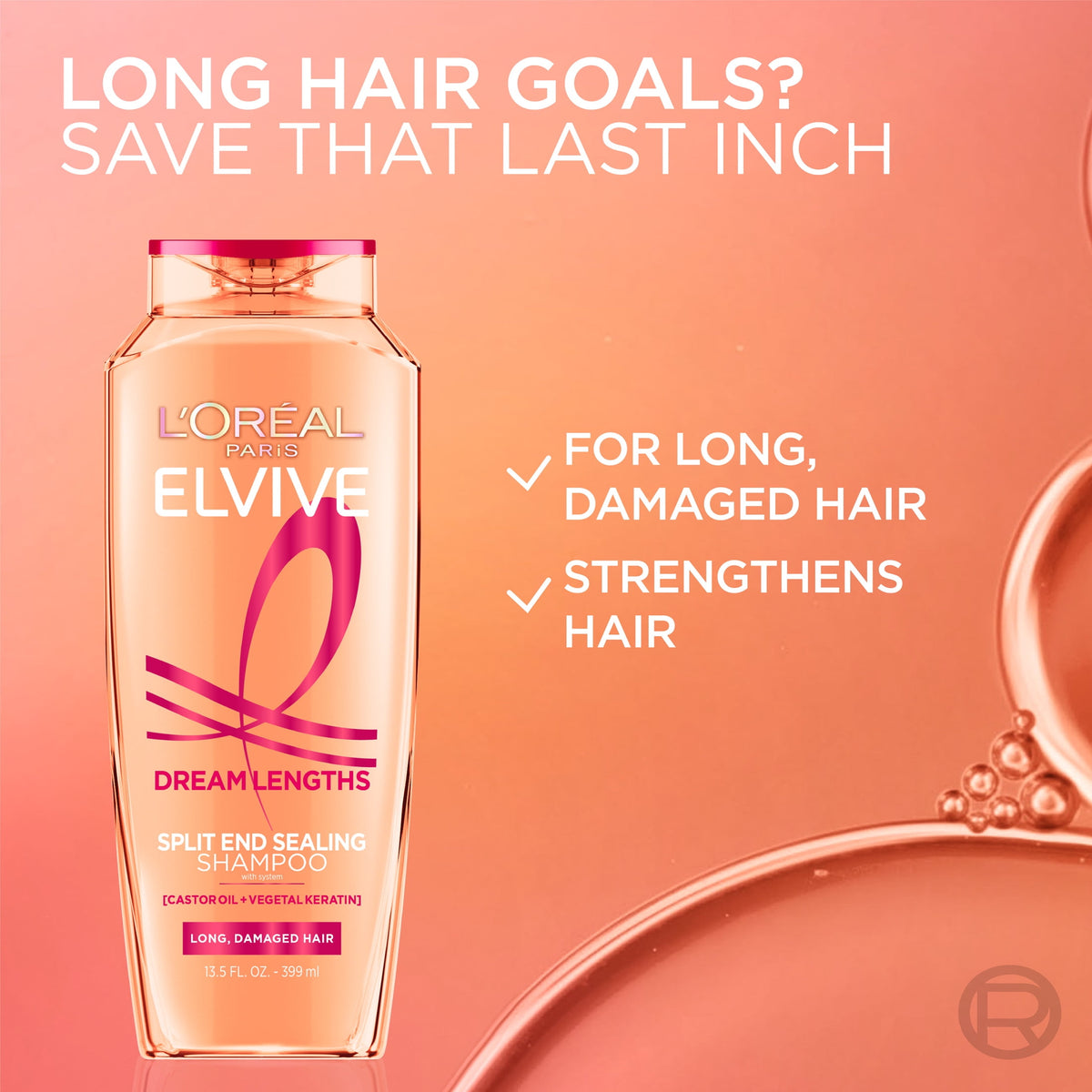 L'Oreal Paris Elvive Dream Lengths Restoring Shampoo Strengthening Split End Repair Damaged Hair 13.5 fl oz