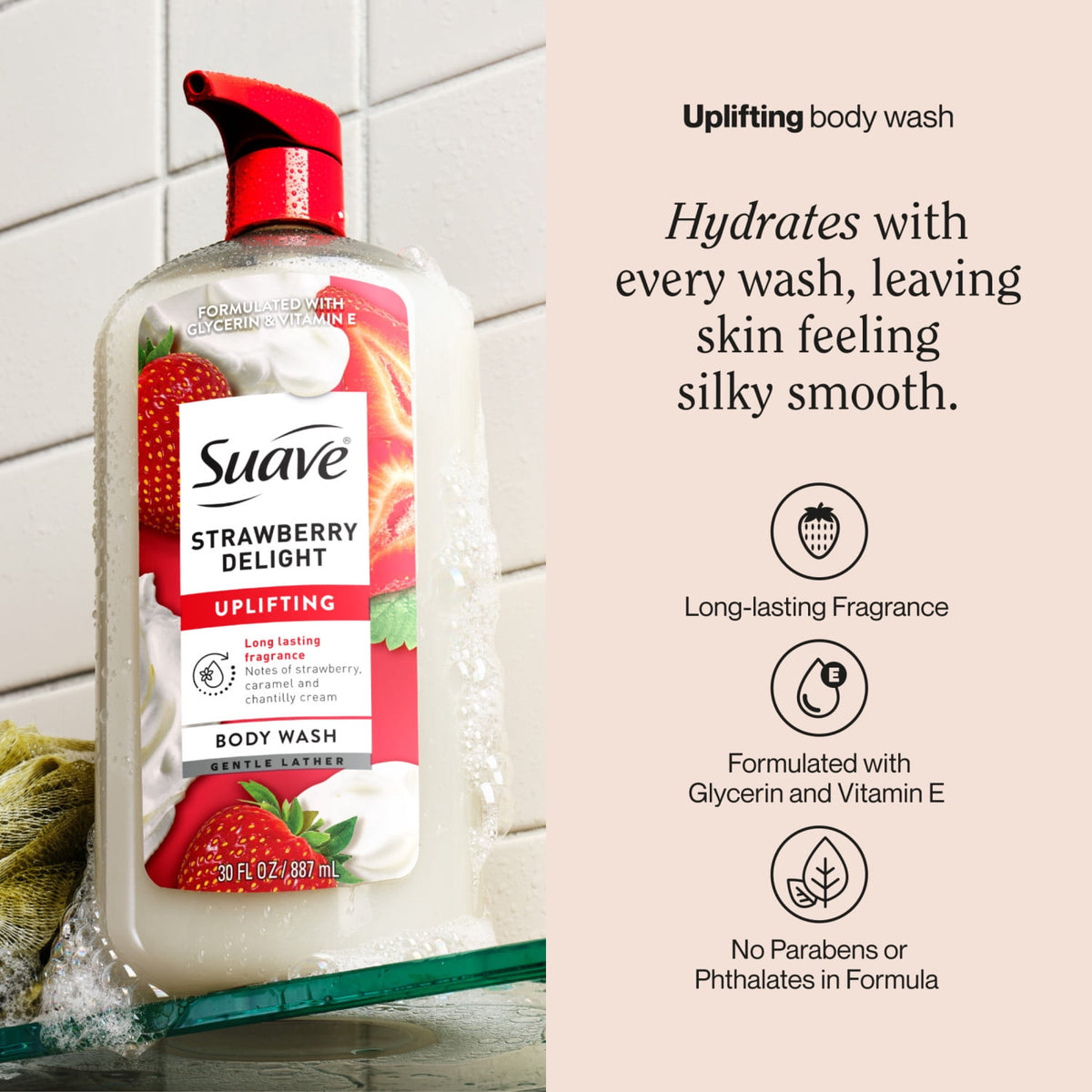 Suave Essentials Strawberry Delight Uplifting Body Wash Moisturizing Skin Cleanser 30 fl oz