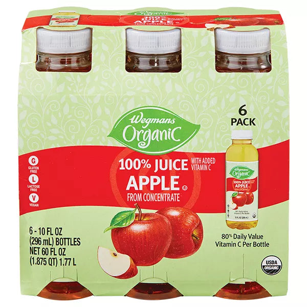 Wegmans Organic 100% Apple Juice, Mini Bottles, 6 Pack 60 fl. oz.
