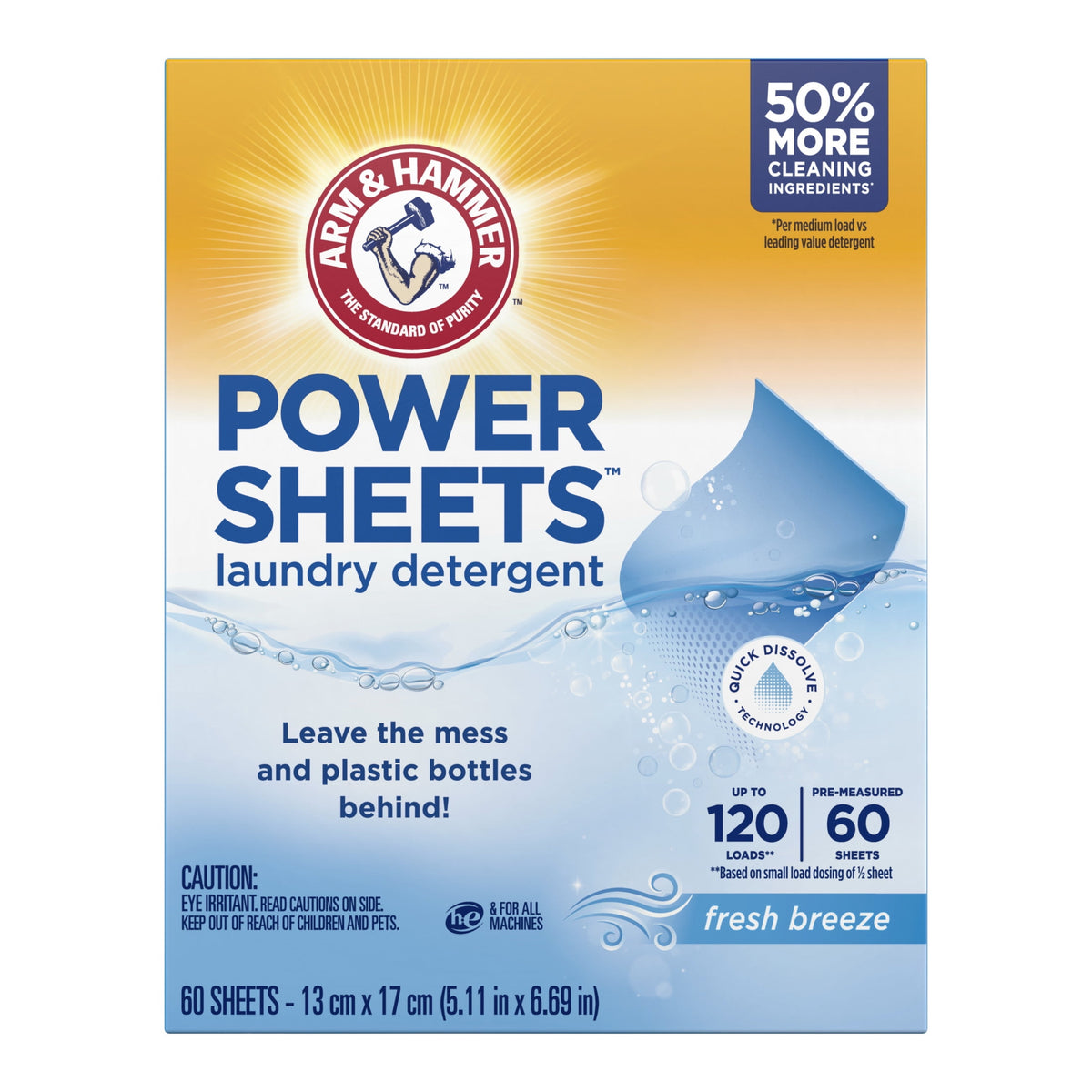 ARM & HAMMER Power Sheets Laundry Detergent Fresh Breeze 60 Count Up to 120 Small Loads