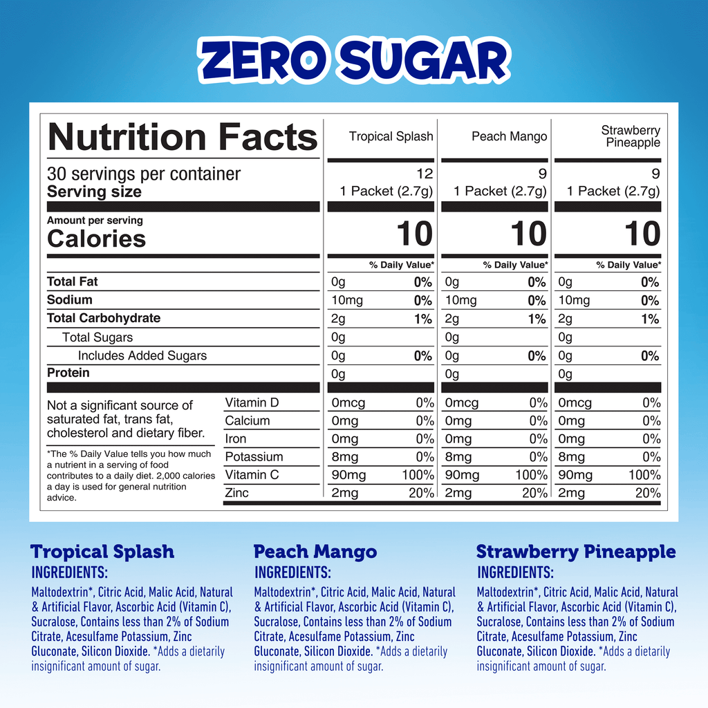 Dole Sugar-Free Drink Mix Variety Pack Tropical Peach Mango & Strawberry Pineapple 30 Count
