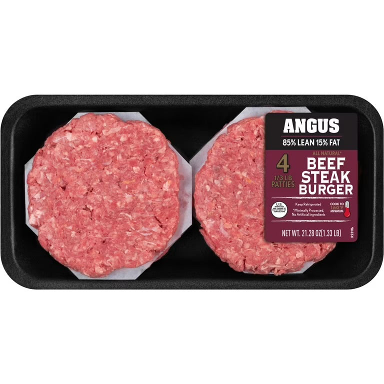 Fresh All Natural Angus Ground Beef Steak Burgers, 85% Lean / 15% Fat, 4 Count, 1.33 lb Tray