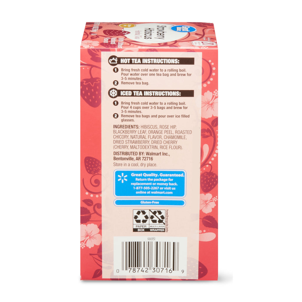 Great Value Strawberry Hibiscus Herbal Tea Bags Caffeine Free 1.41 oz 20 Count