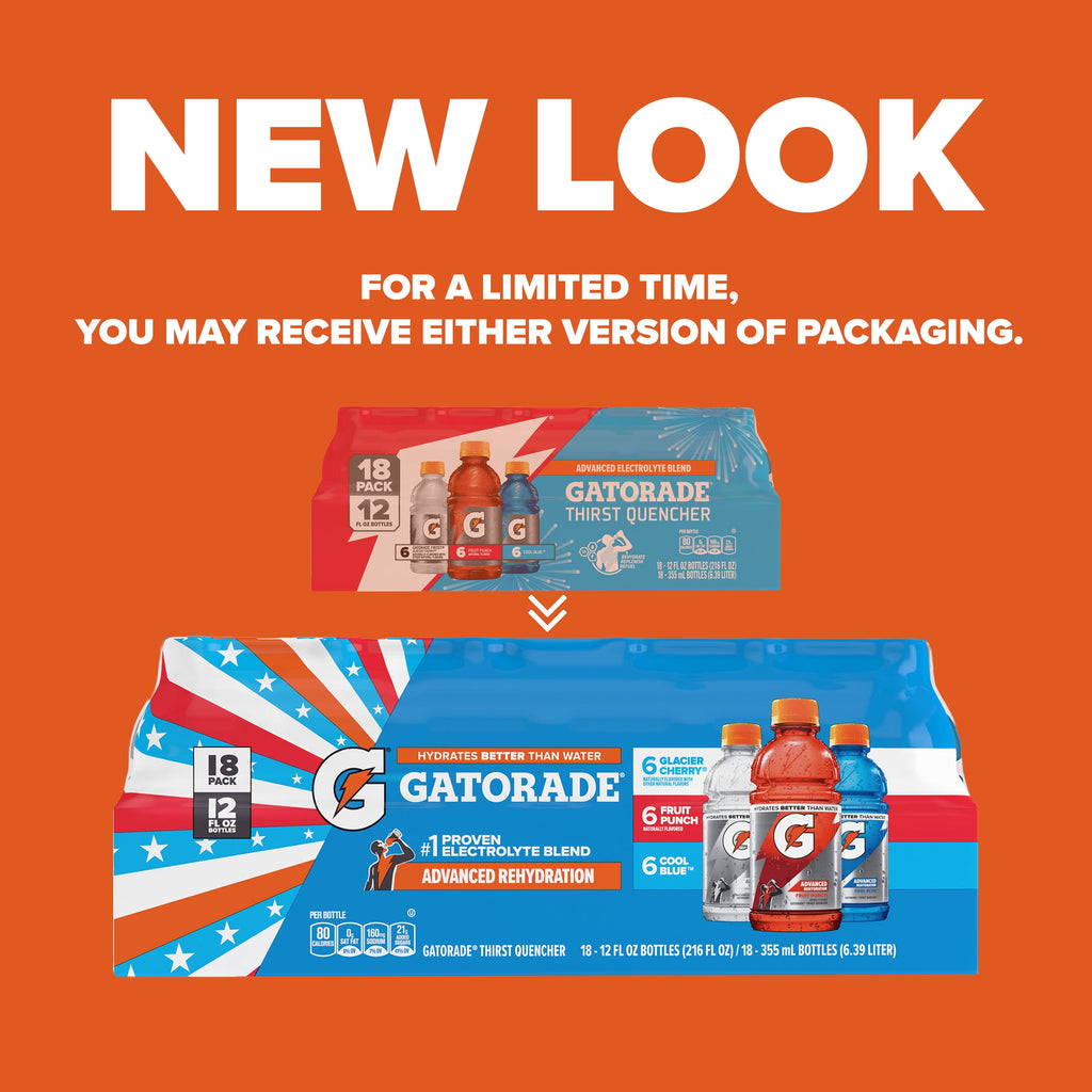 Gatorade Sports Drink Variety Pack Fruit Punch Glacier Cherry Cool Blue 12 fl oz 18 Count