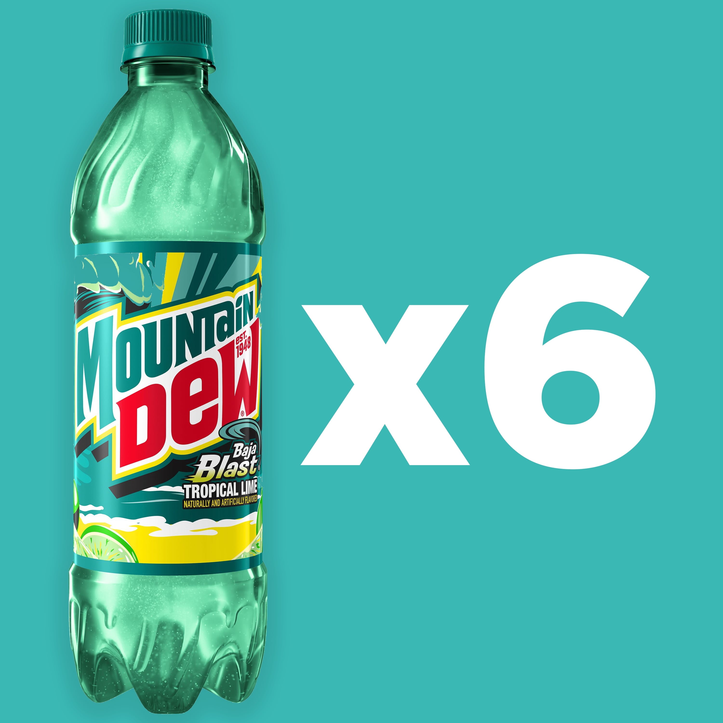 Mountain Dew Baja Blast Tropical Lime Soda Pop Bottles 16.9 Fl Oz 6 Pack