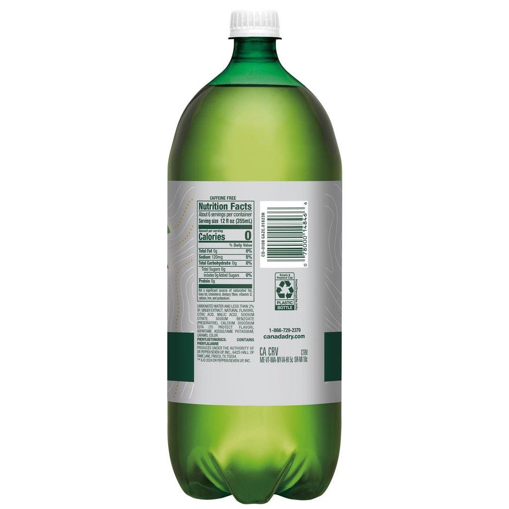 Canada Dry Caffeine Free Zero Sugar Ginger Ale Soda Pop Bottle 2 L
