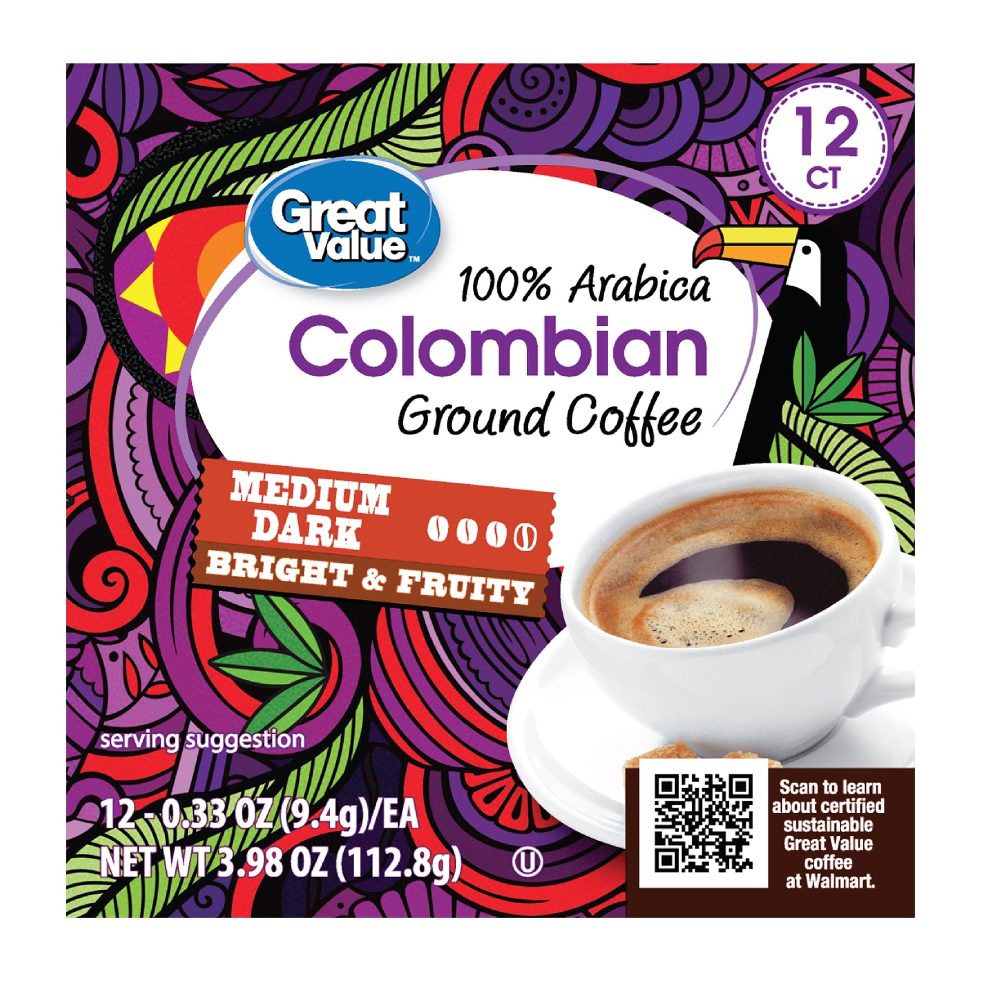 Great Value 100% Arabica Colombian Medium Dark Roast Ground Coffee Pods 12 Count