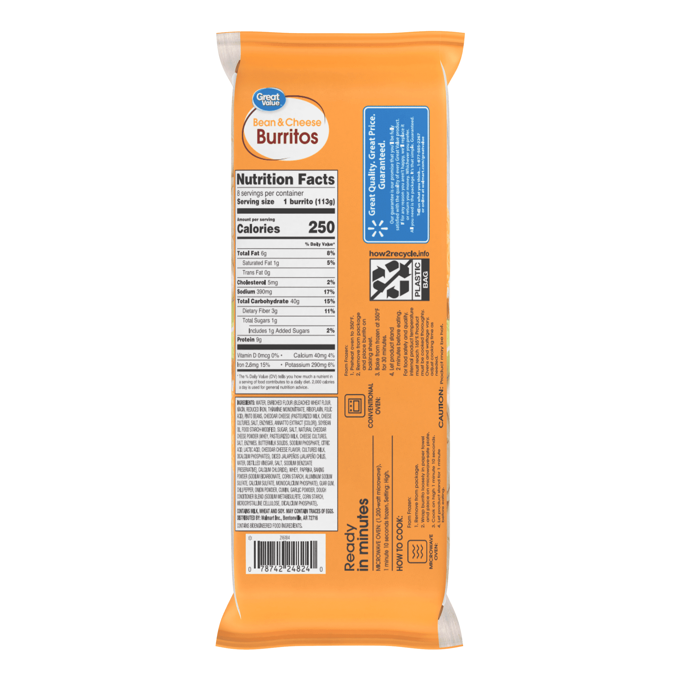 Great Value Bean & Cheese Burritos 8 Count 32 Oz Frozen