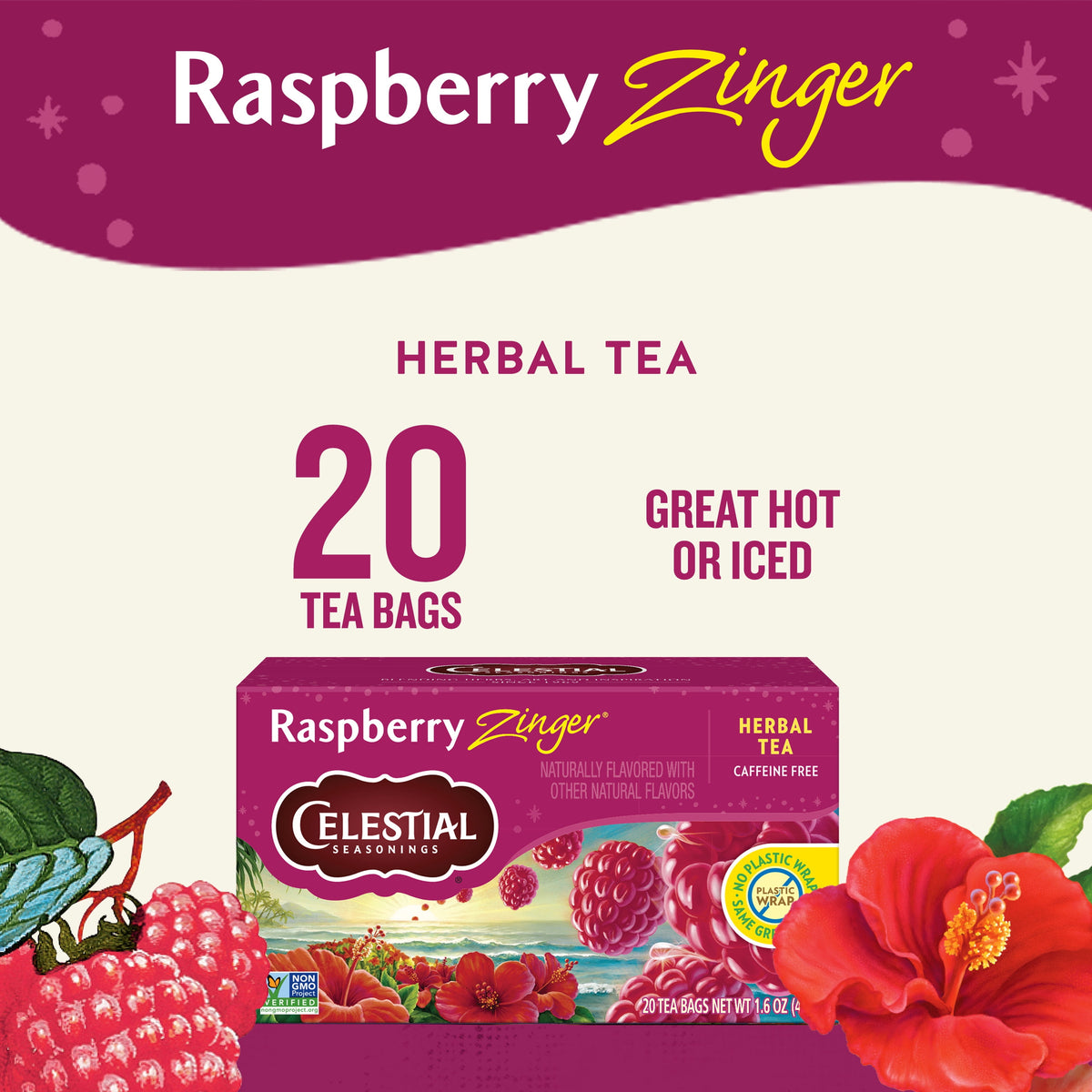 Celestial Seasonings Raspberry Zinger Caffeine-Free Herbal Tea Bags 1.7 oz 20 Count