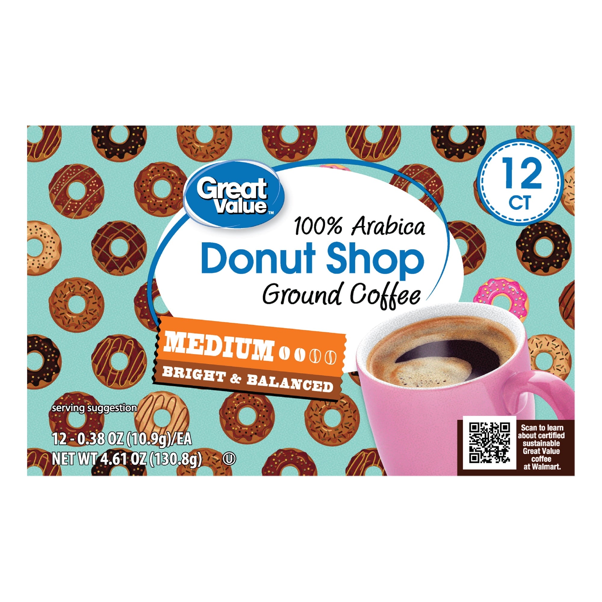 Great Value Donut Shop 100% Arabica Medium Roast Ground Coffee Pods 12 Count