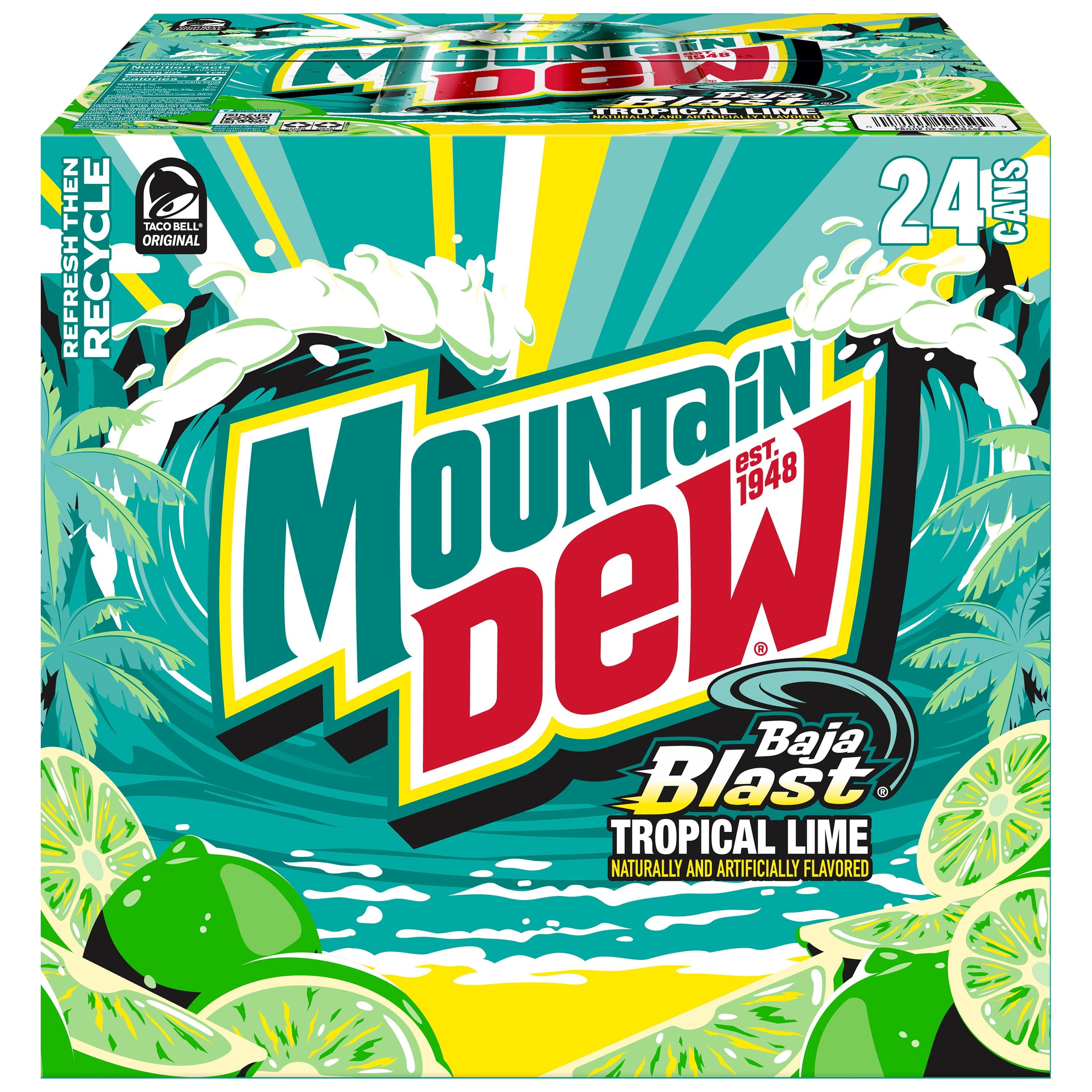 Mountain Dew Baja Blast Tropical Lime Soda Pop Cans 12 Fl Oz 24 Pack