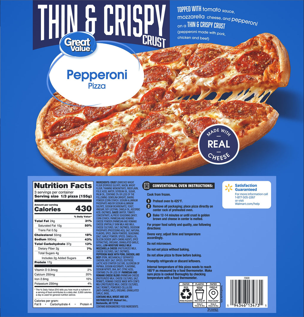 Great Value Thin Crust Pepperoni Frozen Pizza 16.4 Oz