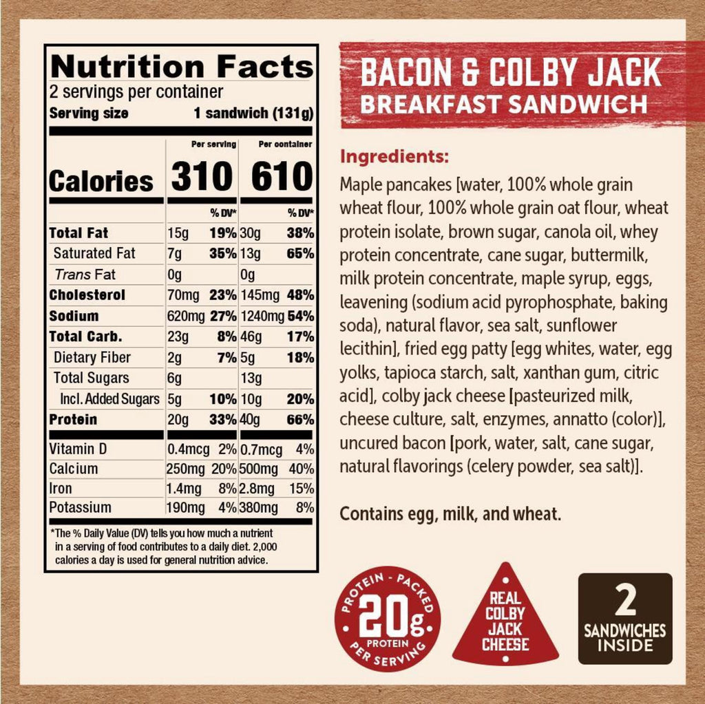 Kodiak Protein-Packed Frozen Breakfast Sandwiches Bacon and Colby Jack 2 Count 9.24 Oz