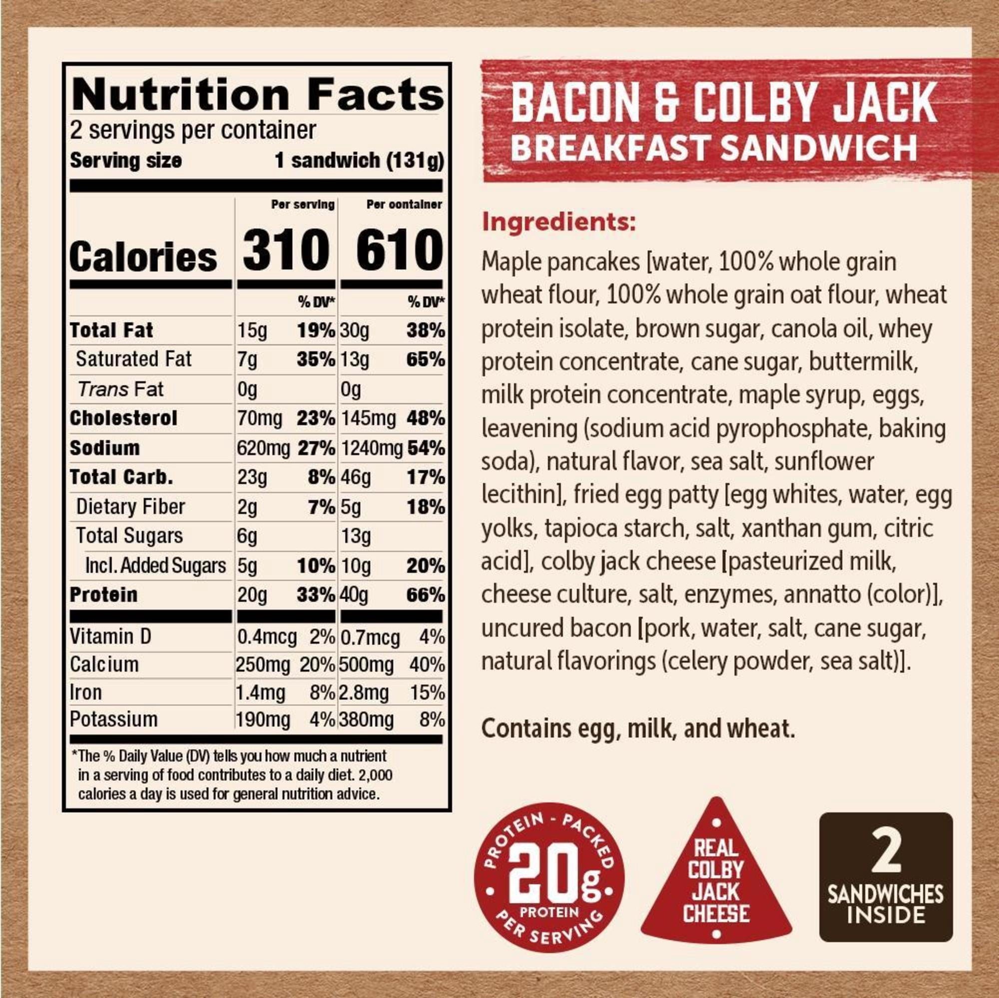 Kodiak Protein-Packed Frozen Breakfast Sandwiches Bacon and Colby Jack 2 Count 9.24 Oz