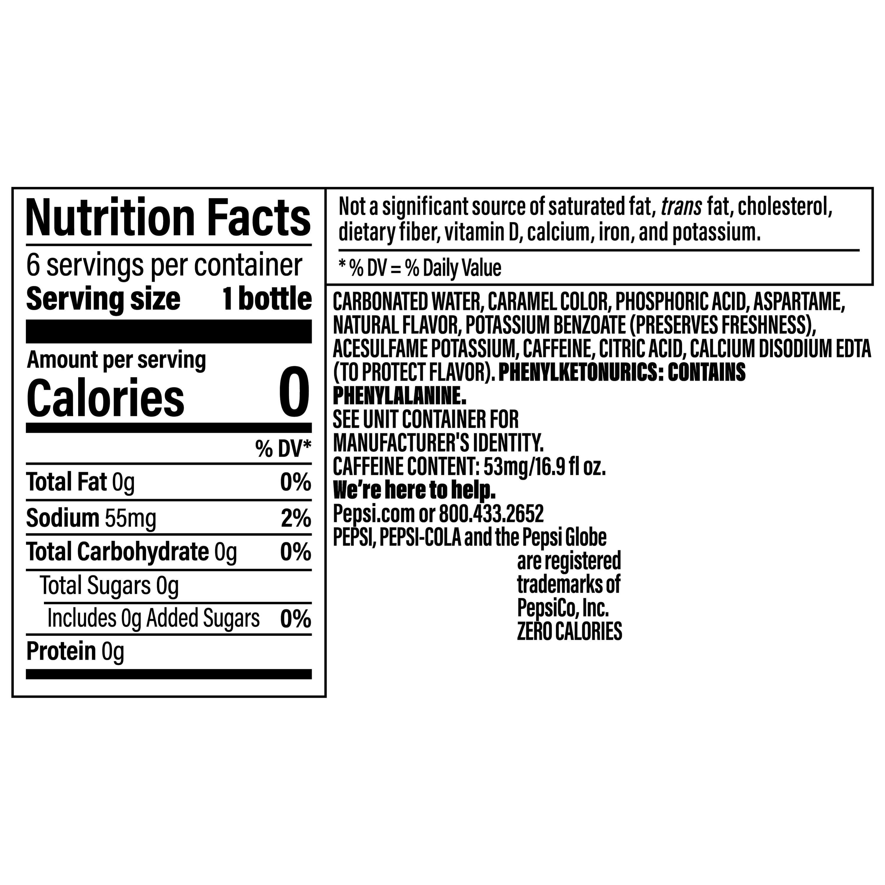 Pepsi Zero Sugar Soda Pop Bottles 16.9 Fl Oz 6 Pack