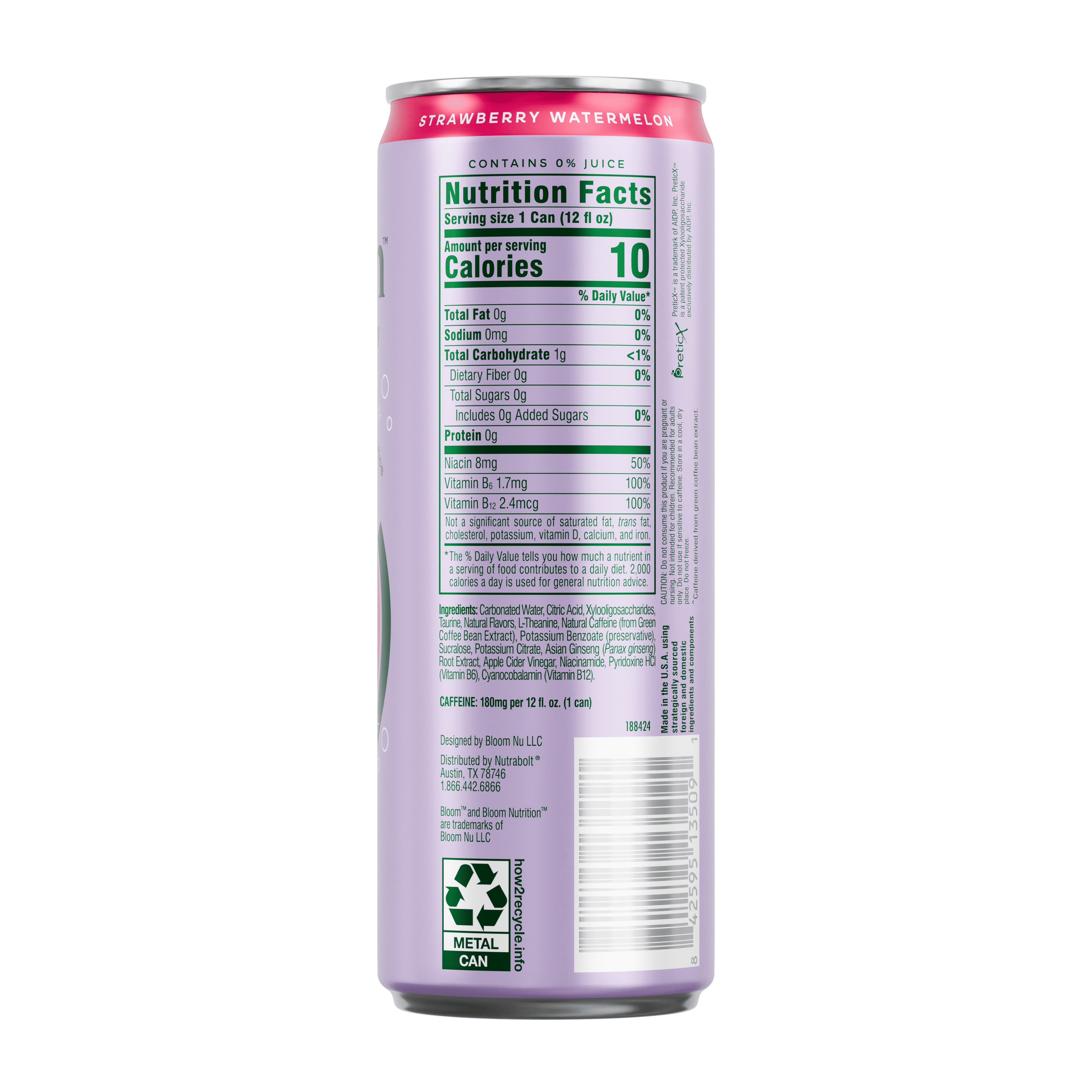 Bloom Nutrition Sparkling Energy Drink Strawberry Watermelon 12 fl oz Single Can