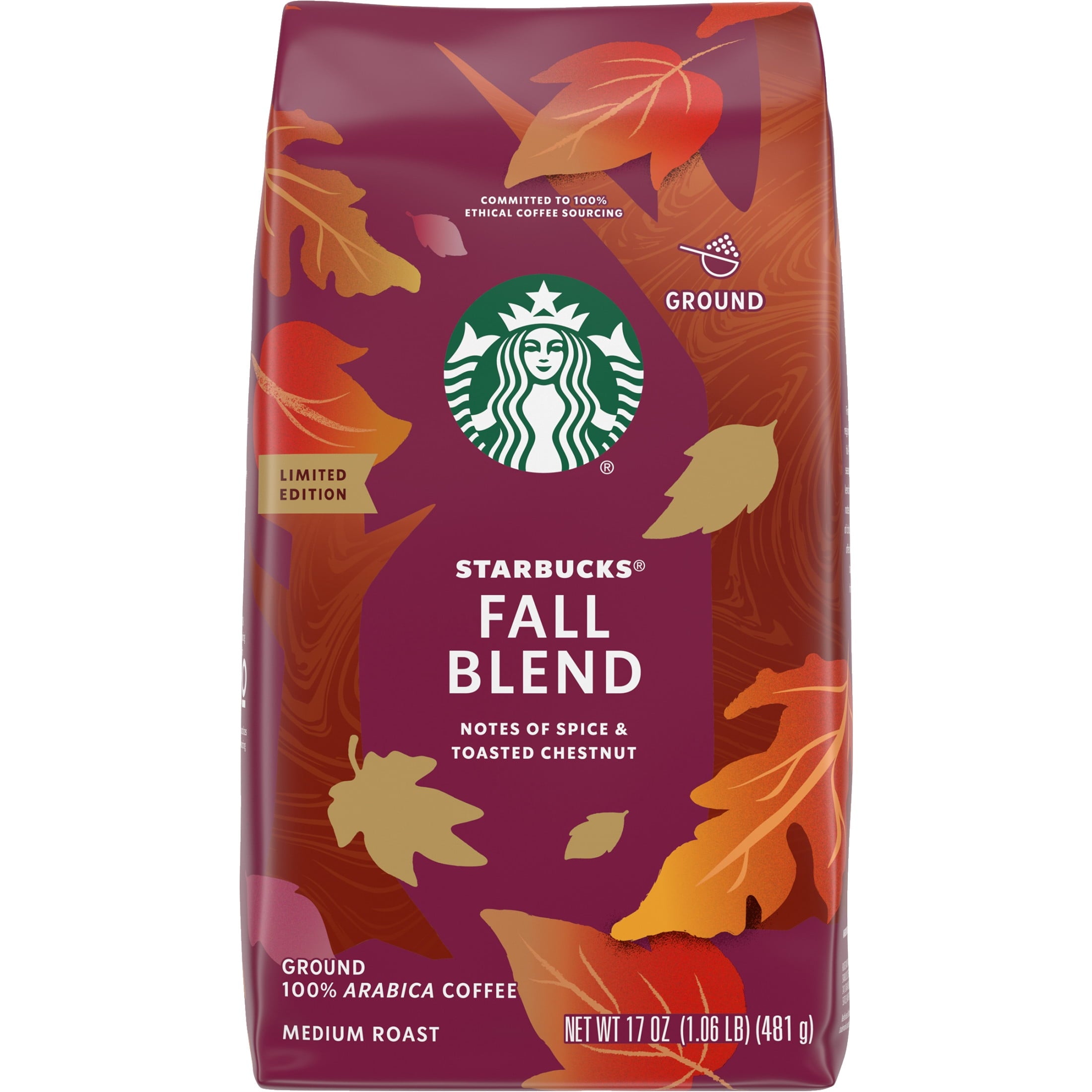 Starbucks Fall Blend Naturally Caffeinated Medium Roast Ground Coffee 17 oz Bag