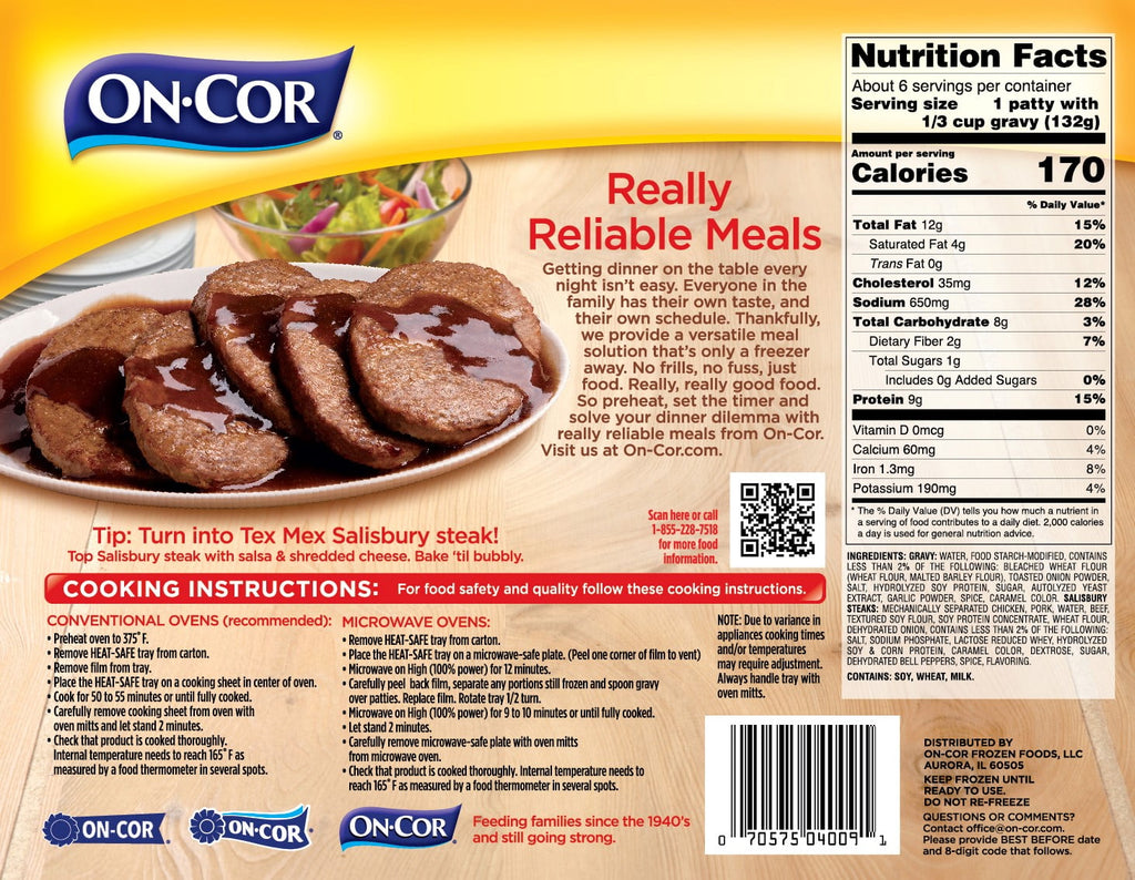 On-Cor Gravy and 6 Salisbury Steaks Frozen Family Meal 28 Oz
