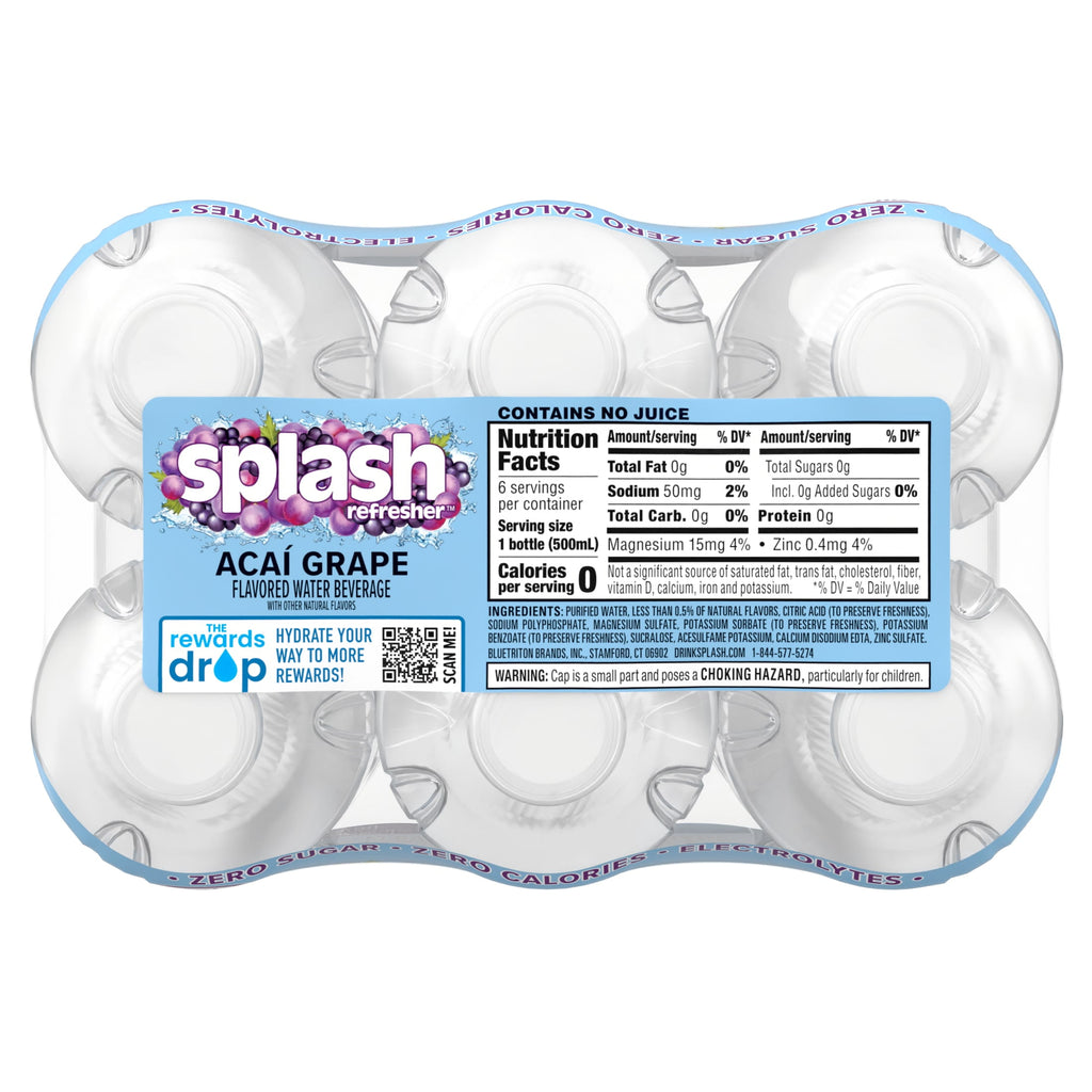 Splash Blast Acai Grape Flavored Water 16.9 fl oz Plastic Bottles 6 Pack
