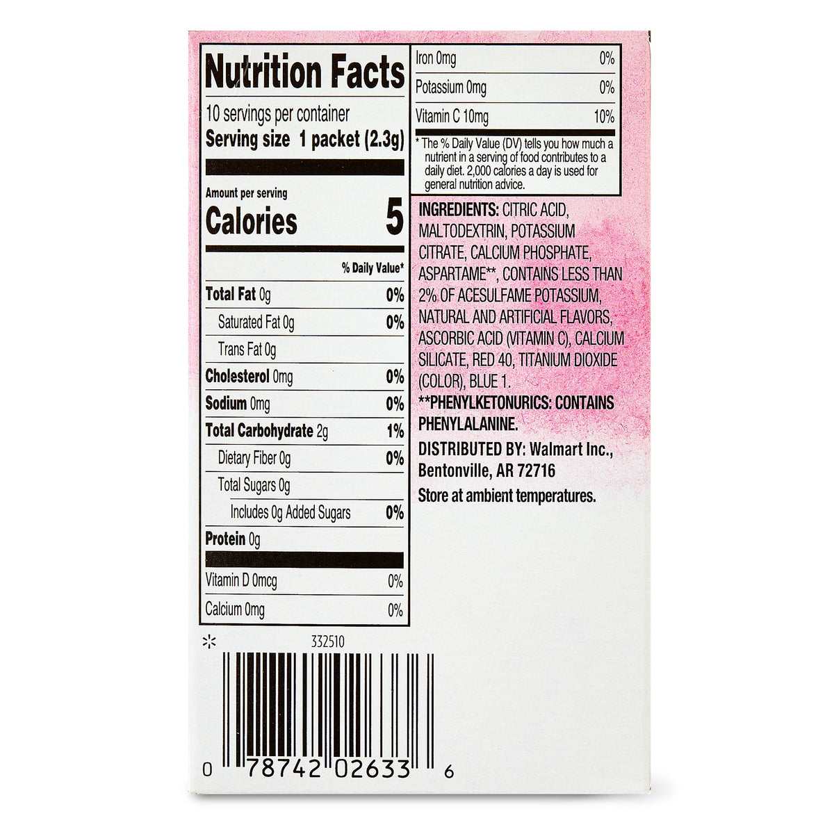 Great Value Sugar-Free Raspberry Lemonade Powdered Drink Mix 0.07 oz 10 Count
