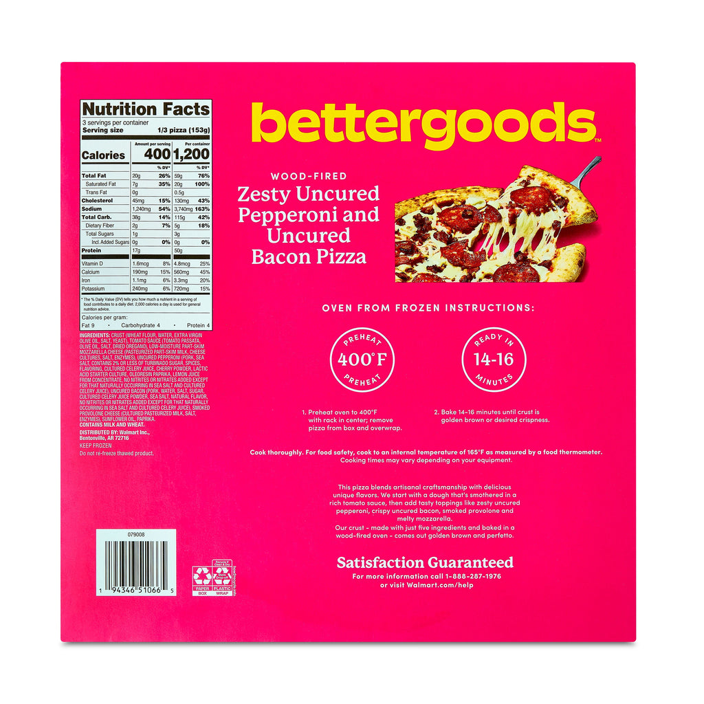 Bettergoods Wood-Fired Zesty Uncured Pepperoni and Uncured Bacon Pizza 16.2 Oz Frozen