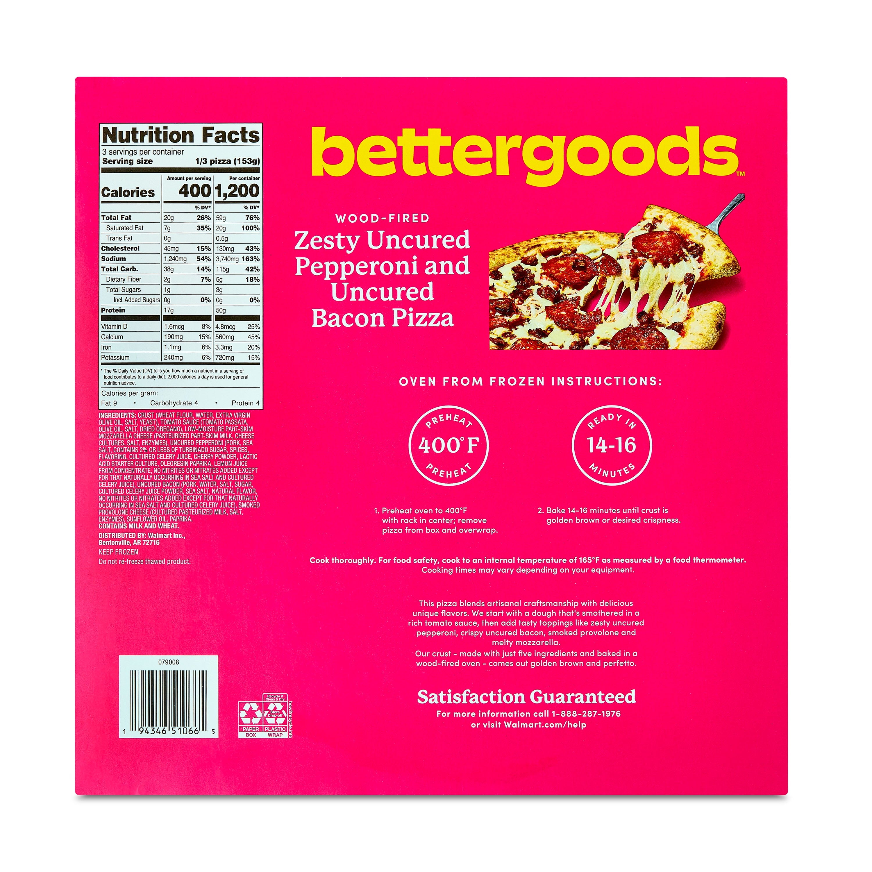 Bettergoods Wood-Fired Zesty Uncured Pepperoni and Uncured Bacon Pizza 16.2 Oz Frozen
