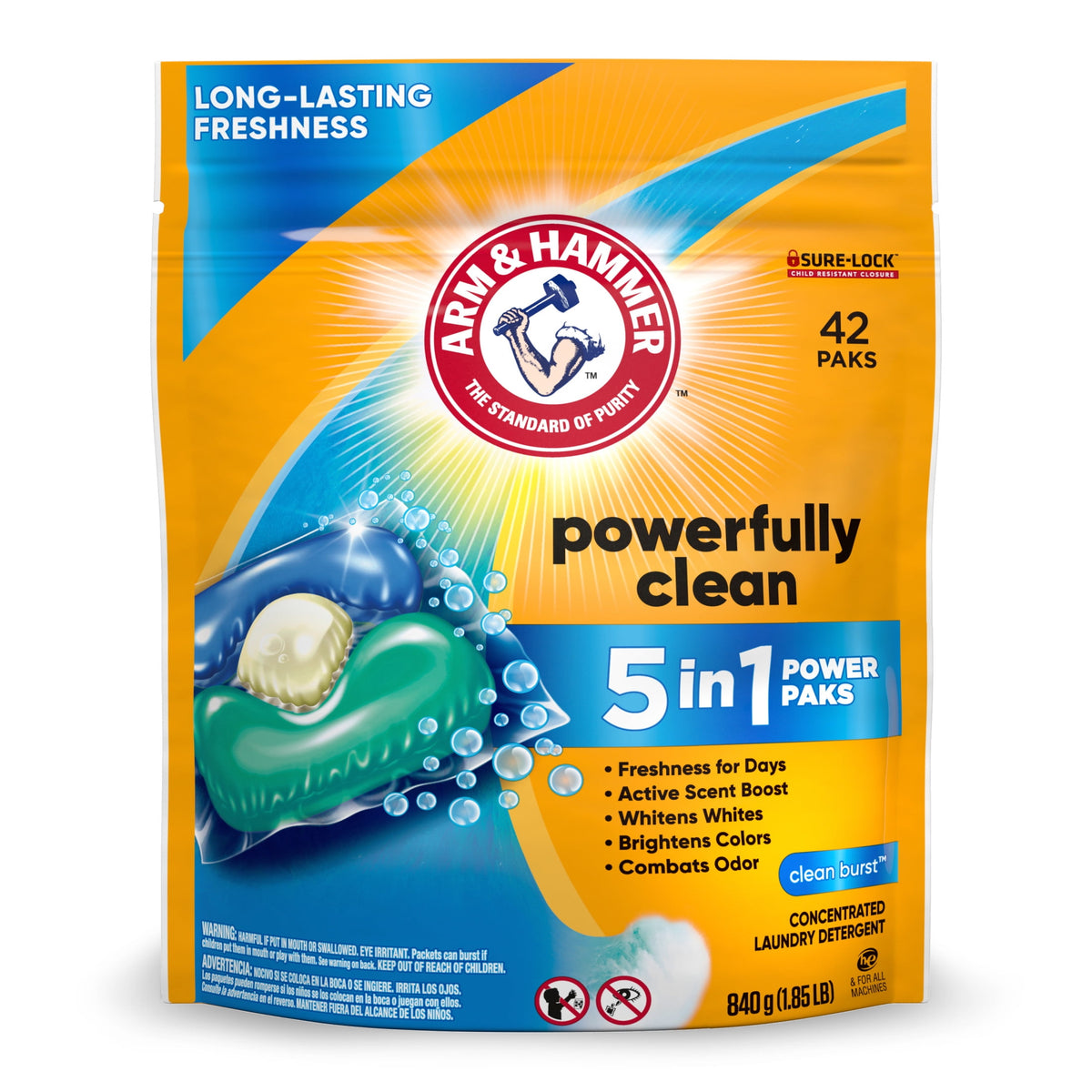 ARM & HAMMER Clean Burst 5-in-1 Laundry Detergent Power Paks 42 Count