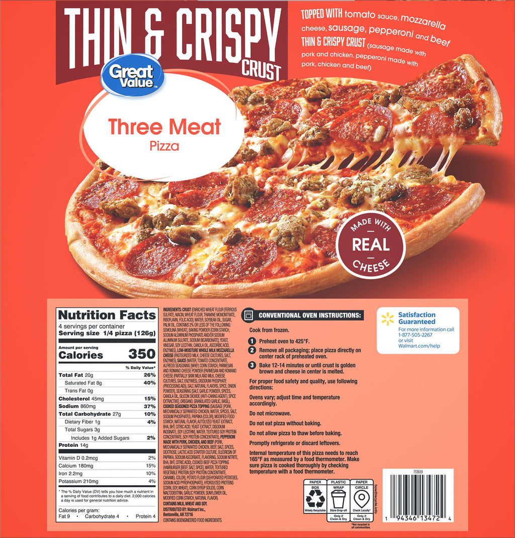 Great Value Thin Crust Three Meat Pizza 17.8 Oz Frozen