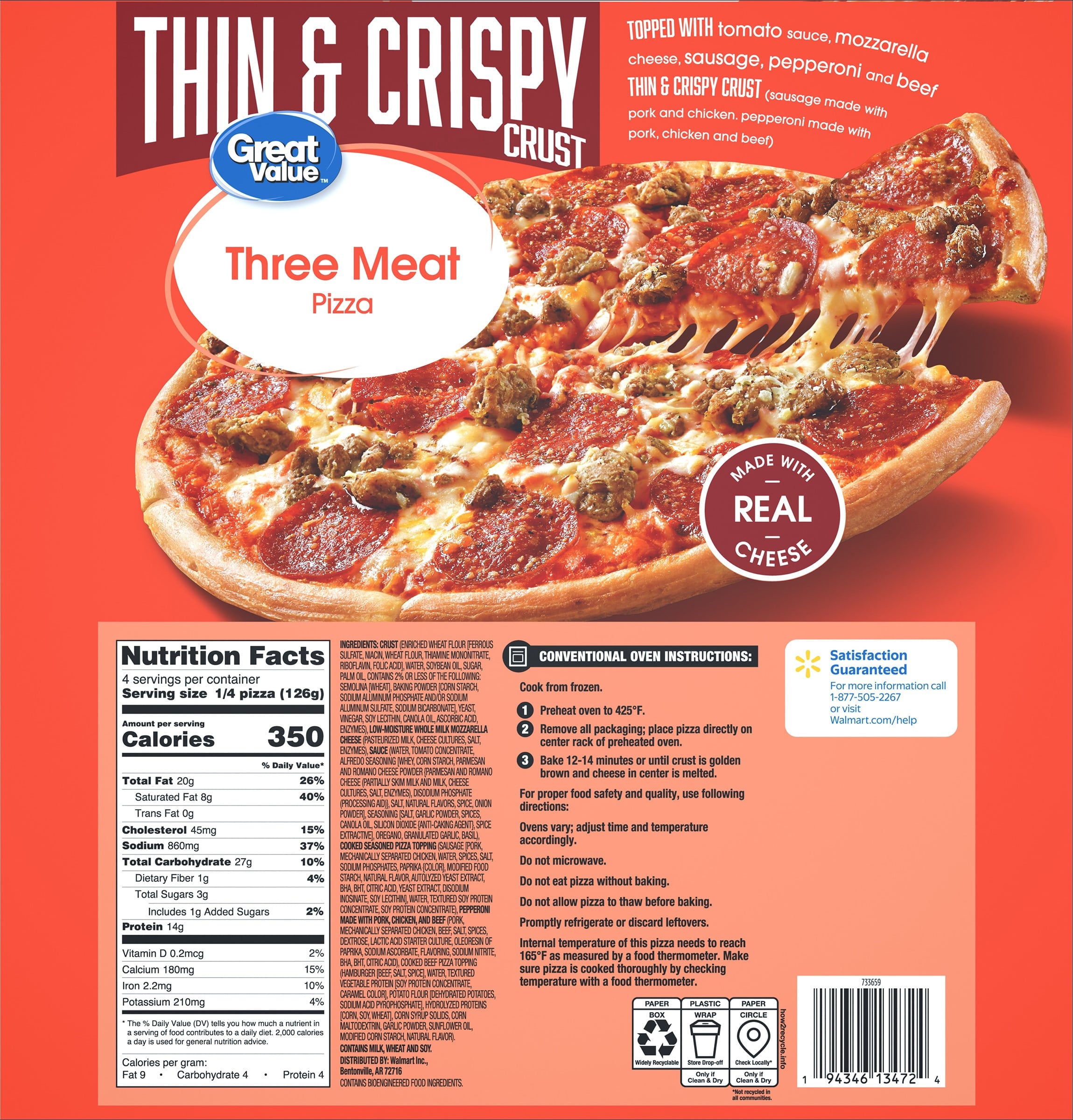 Great Value Thin Crust Three Meat Pizza 17.8 Oz Frozen