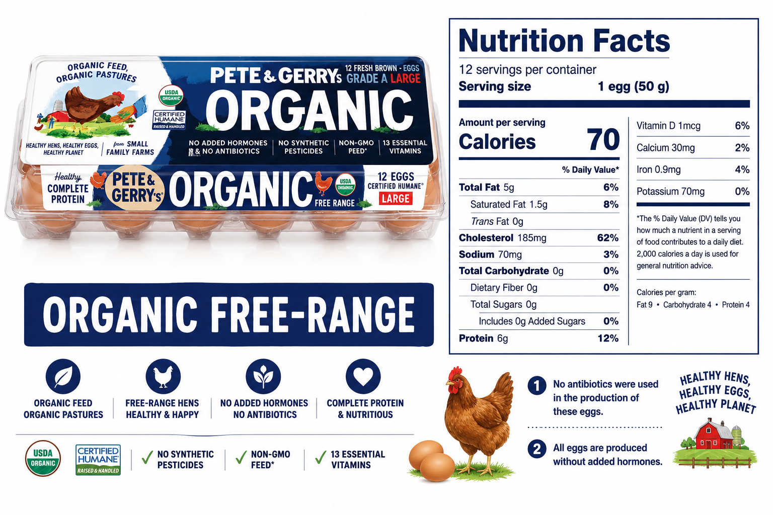 Pete & Gerry’s Organic Free-Range Large Brown Eggs, Grade A, 12 Count